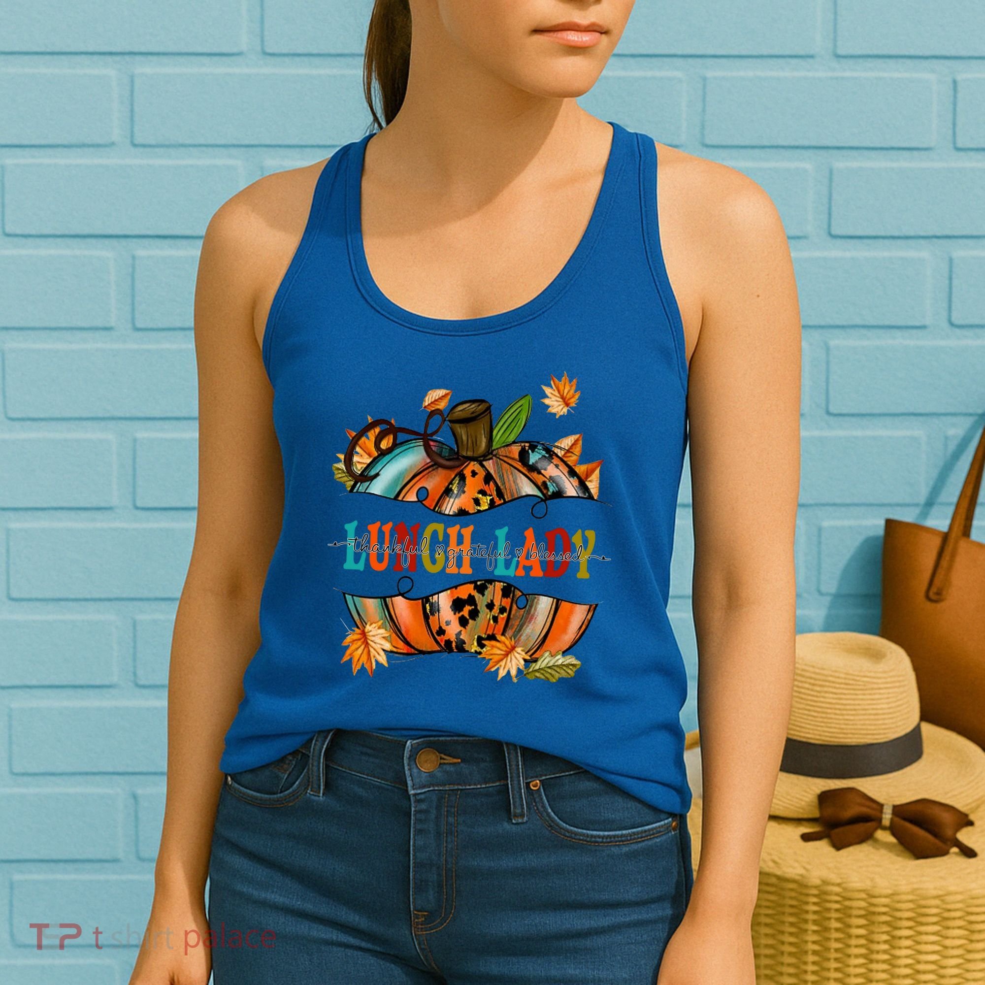 Thankful Grateful Blessed Lunch Lady Graphic Pumpkin Autumn Cool Gift Women's Tank Top