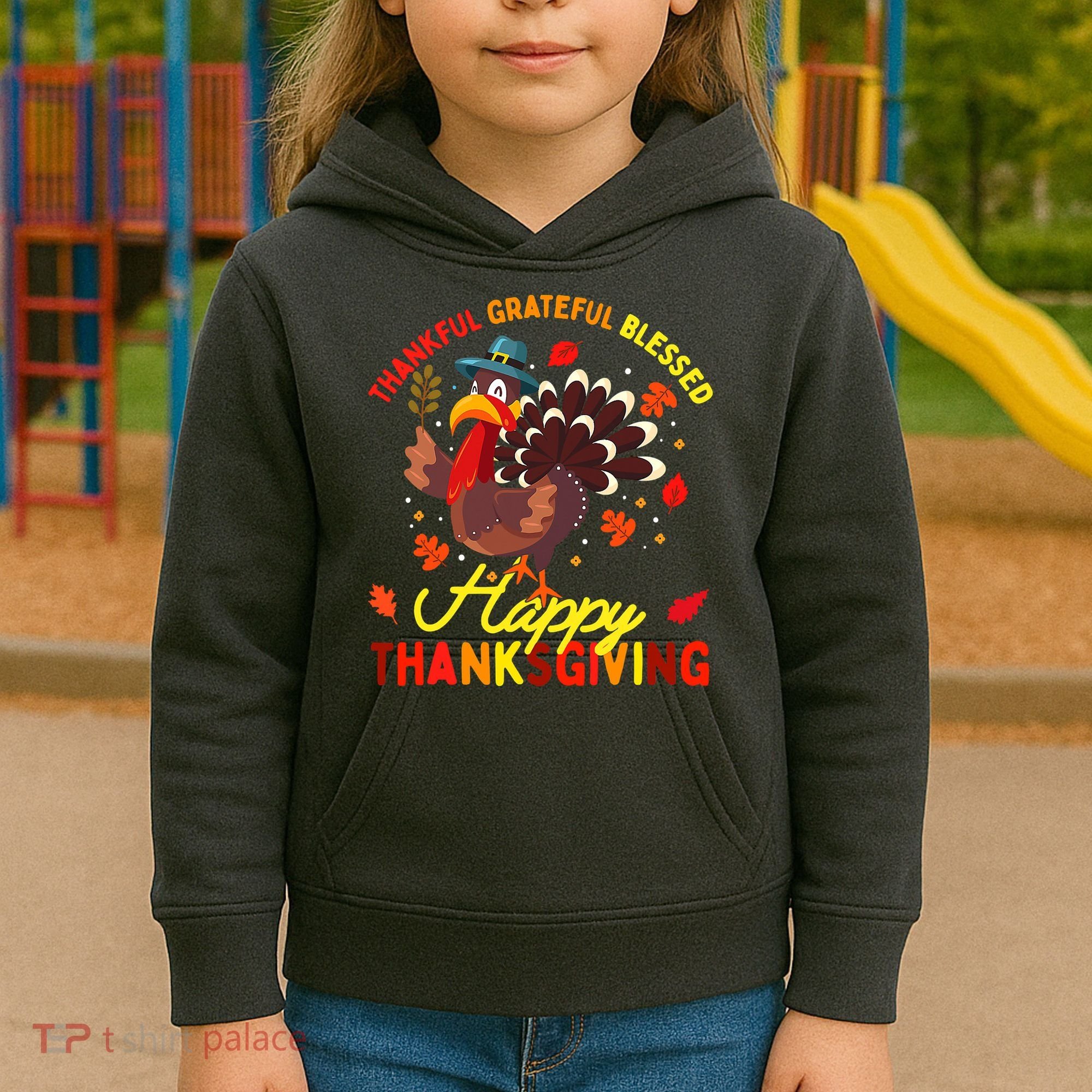 Thankful Grateful Blessed Thanksgiving Turkey Kids Hoodie