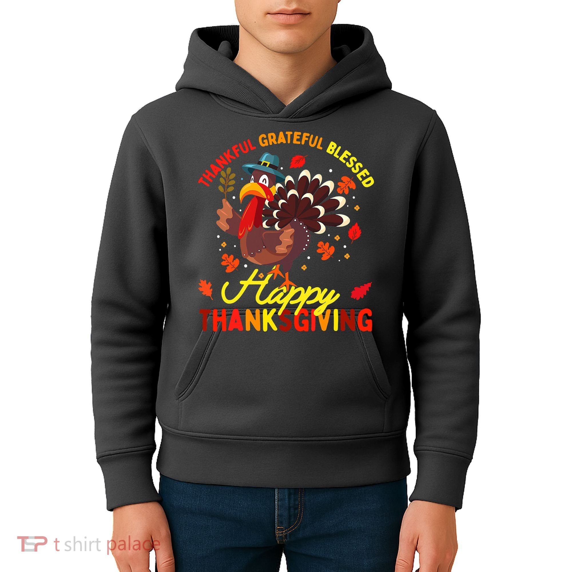 Thankful Grateful Blessed Thanksgiving Turkey Kids Hoodie