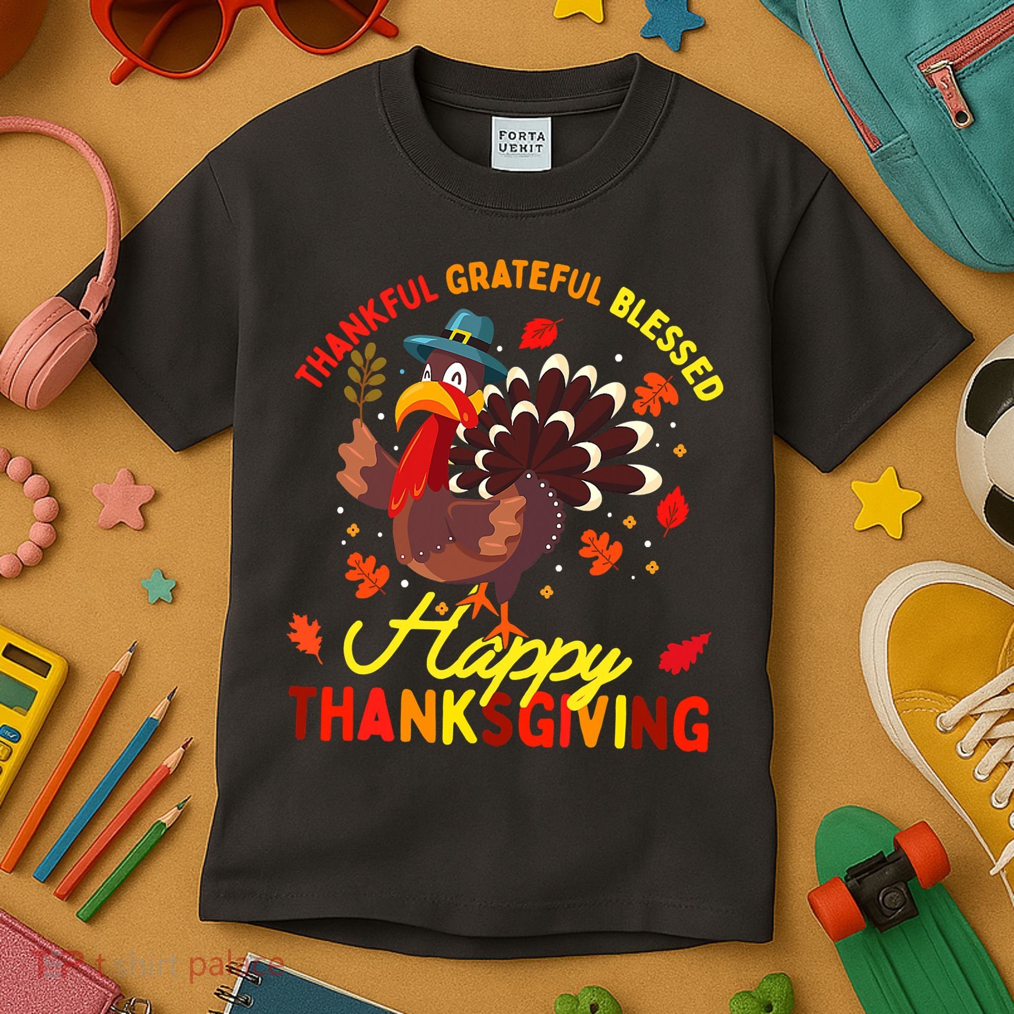 Thankful Grateful Blessed Thanksgiving Turkey Kids T-Shirt