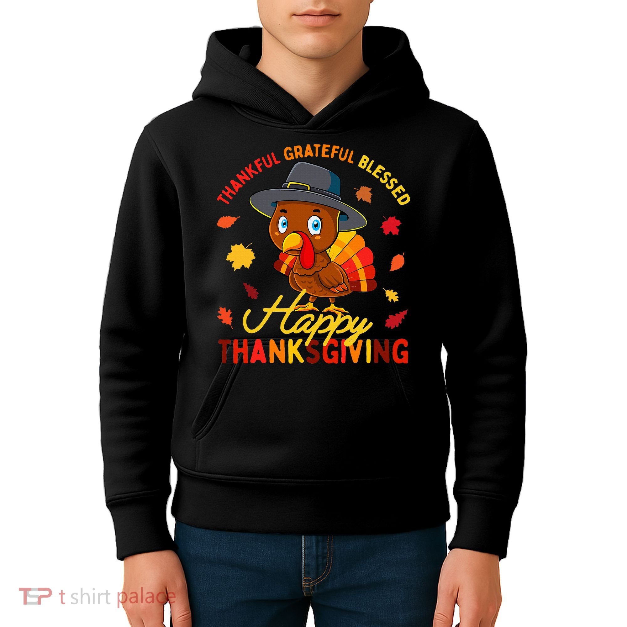 Thankful Grateful Blessed Thanksgiving Turkey Kids Hoodie