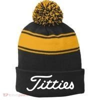Titties Golf Bachelor Party Funny Golfing Gift Parody Stripe Pom Pom Beanie thumb 0