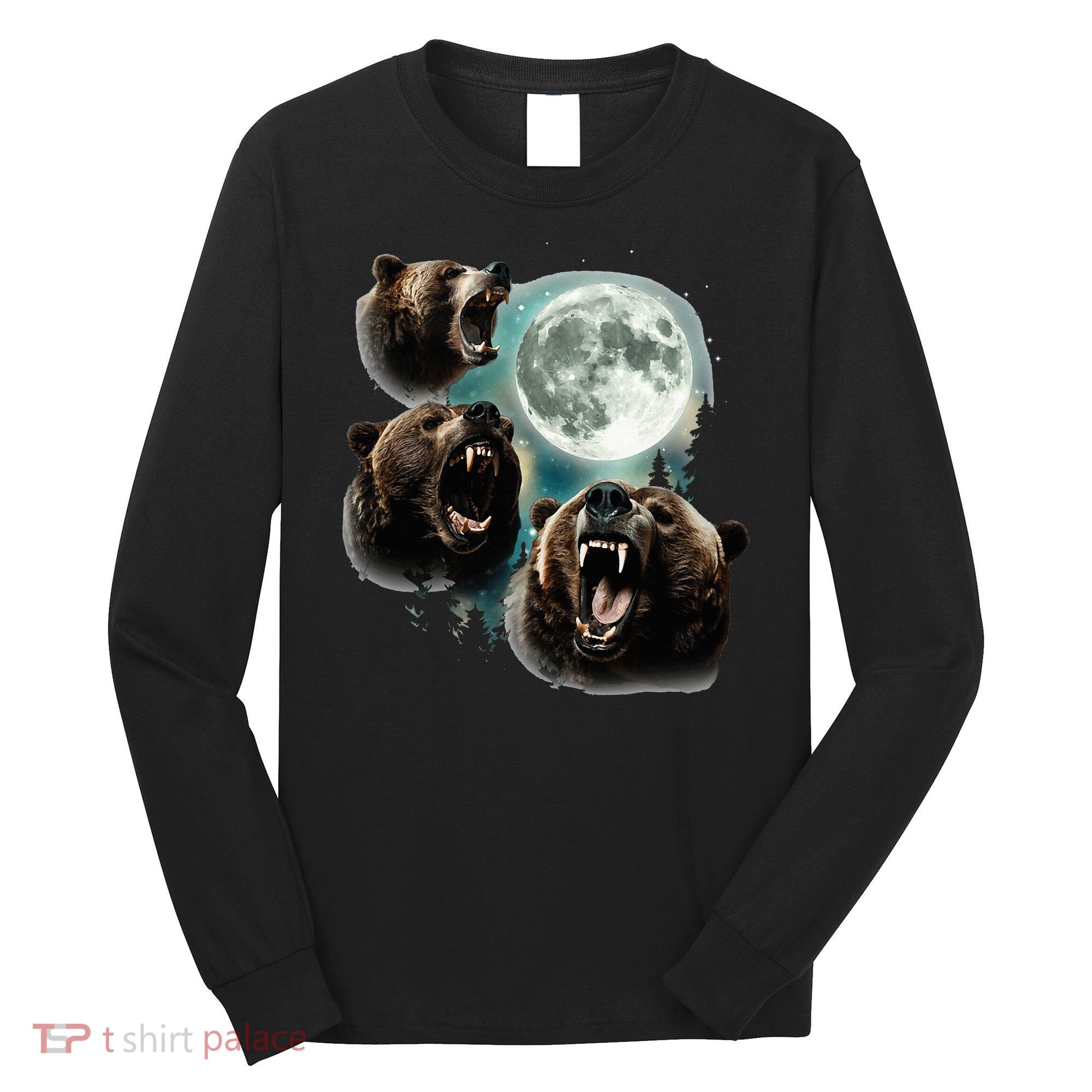 Three Grizzly Bears Howl At Moon Starry Mountain Forest Bear Long Sleeve Shirt