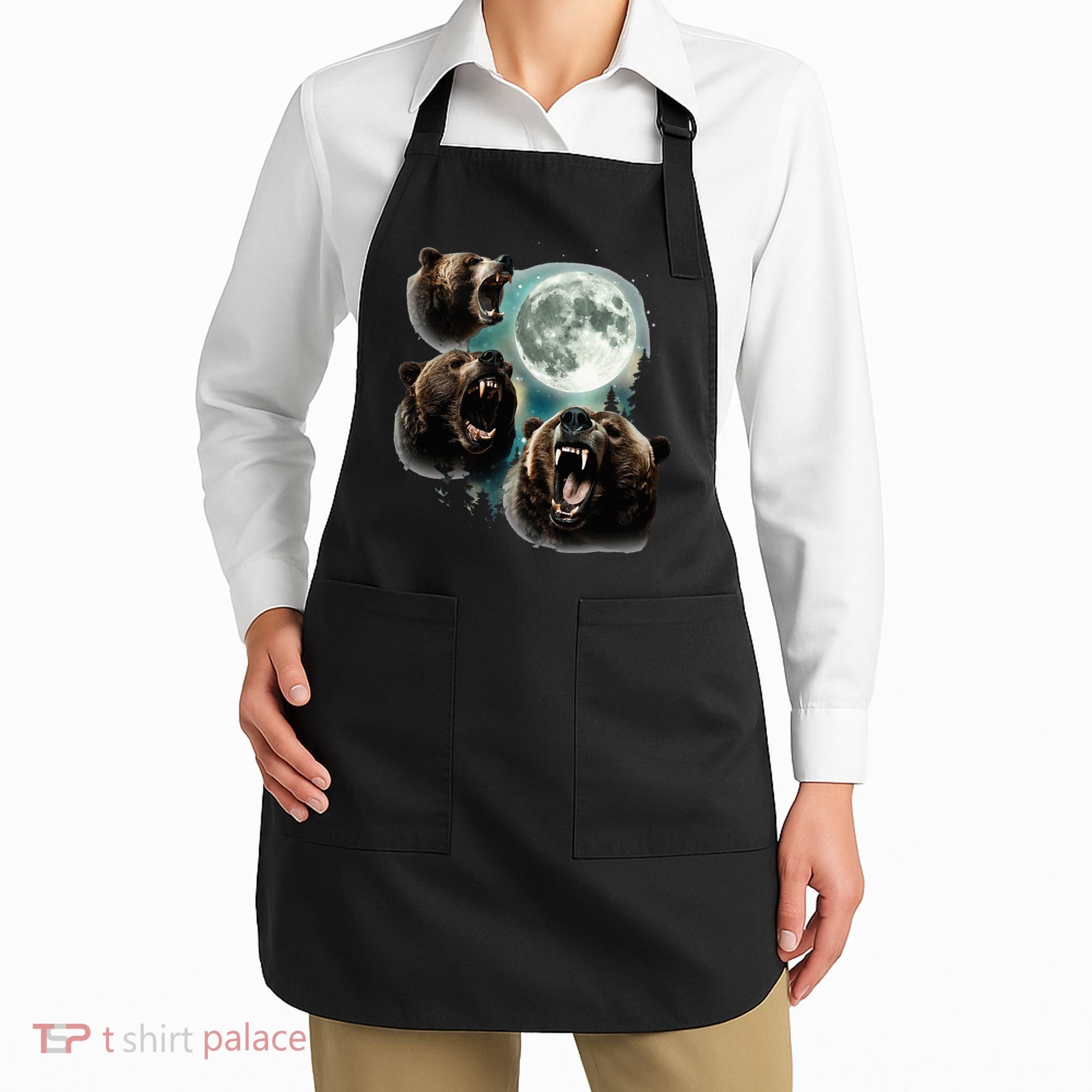 Three Grizzly Bears Howl At Moon Starry Mountain Forest Bear Apron