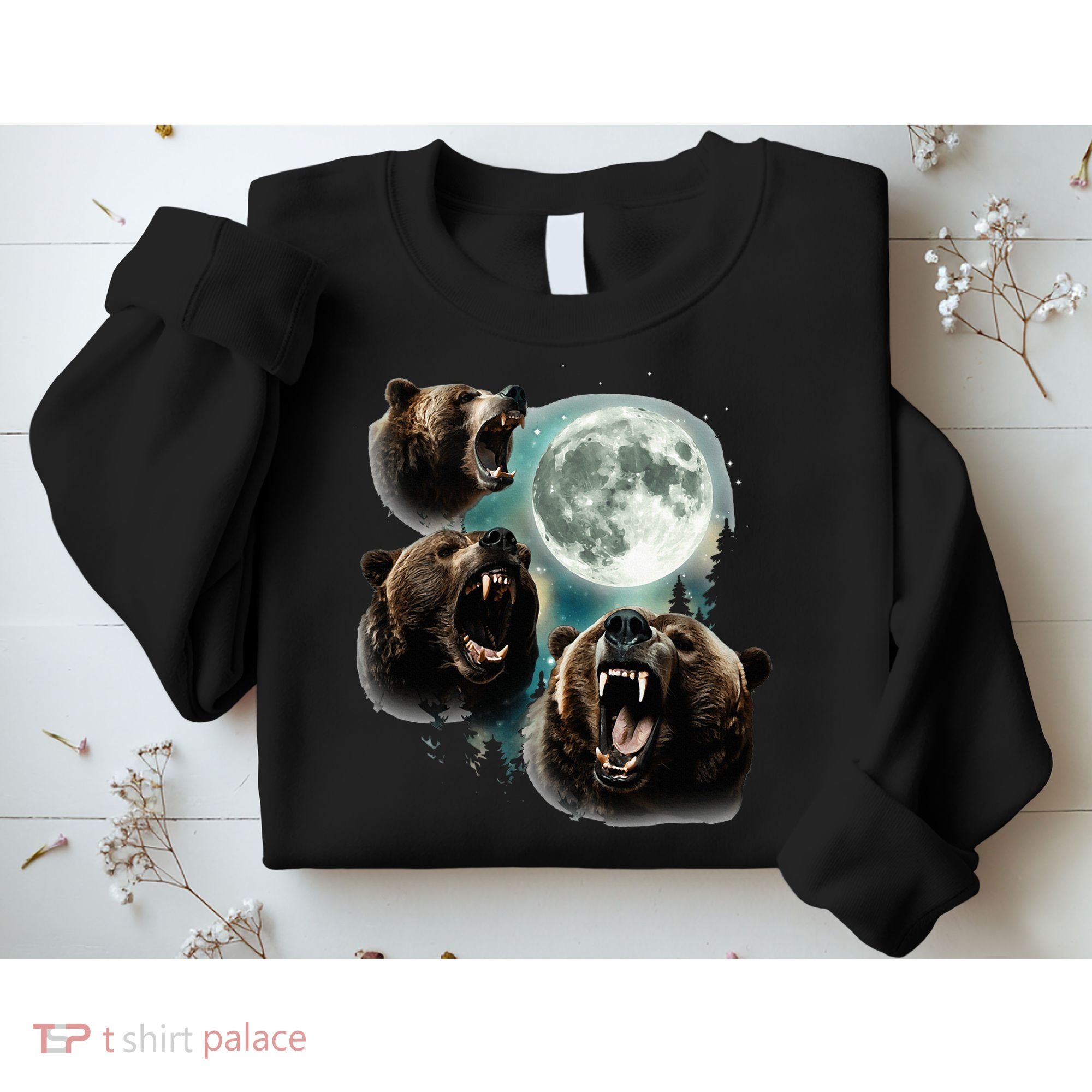 Three Grizzly Bears Howl At Moon Starry Mountain Forest Bear Sweatshirt