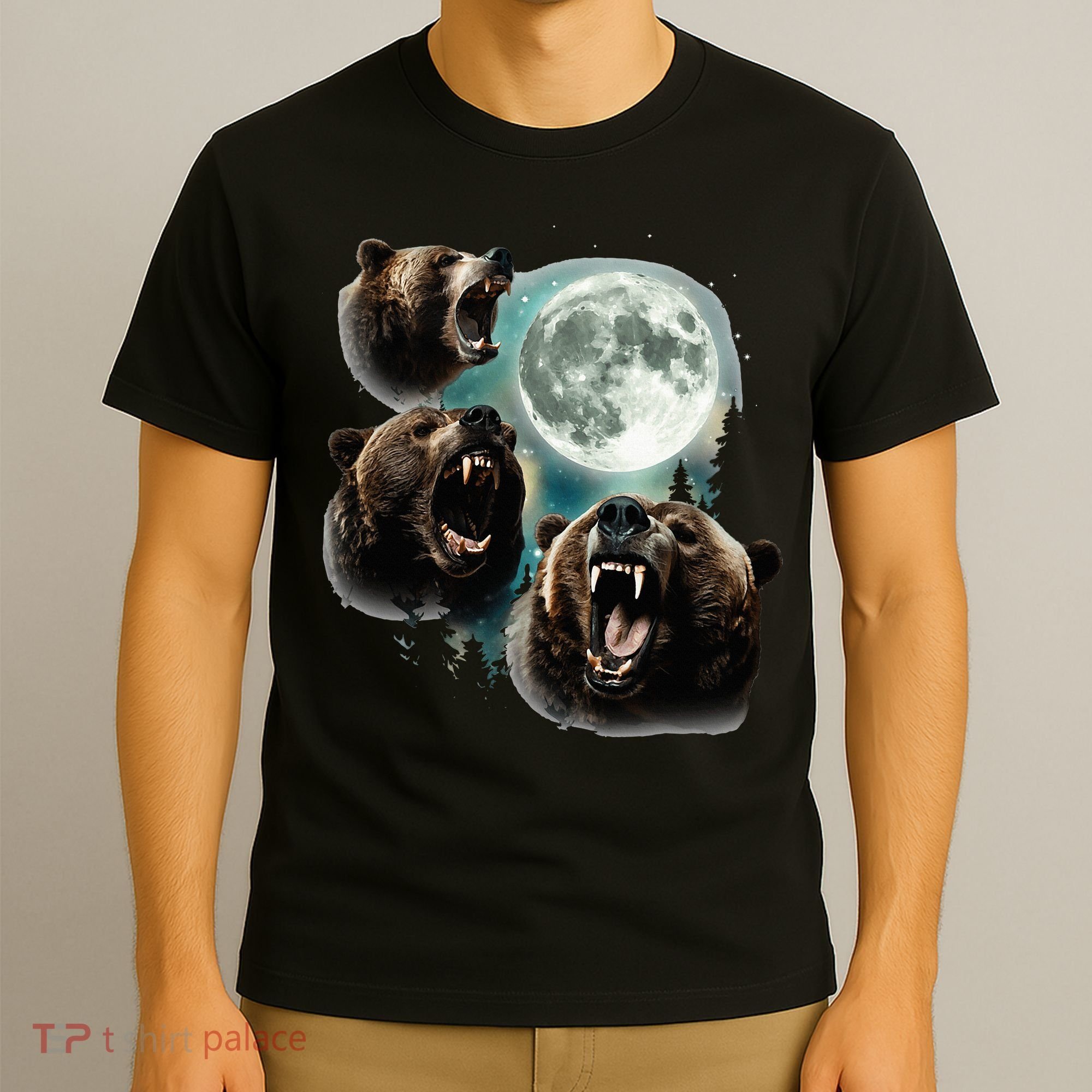 Three Grizzly Bears Howl At Moon Starry Mountain Forest Bear T-Shirt