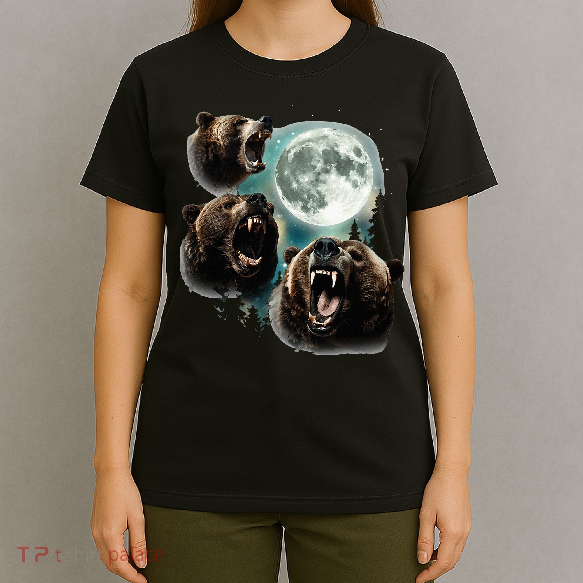 Three Grizzly Bears Howl At Moon Starry Mountain Forest Bear T-Shirt