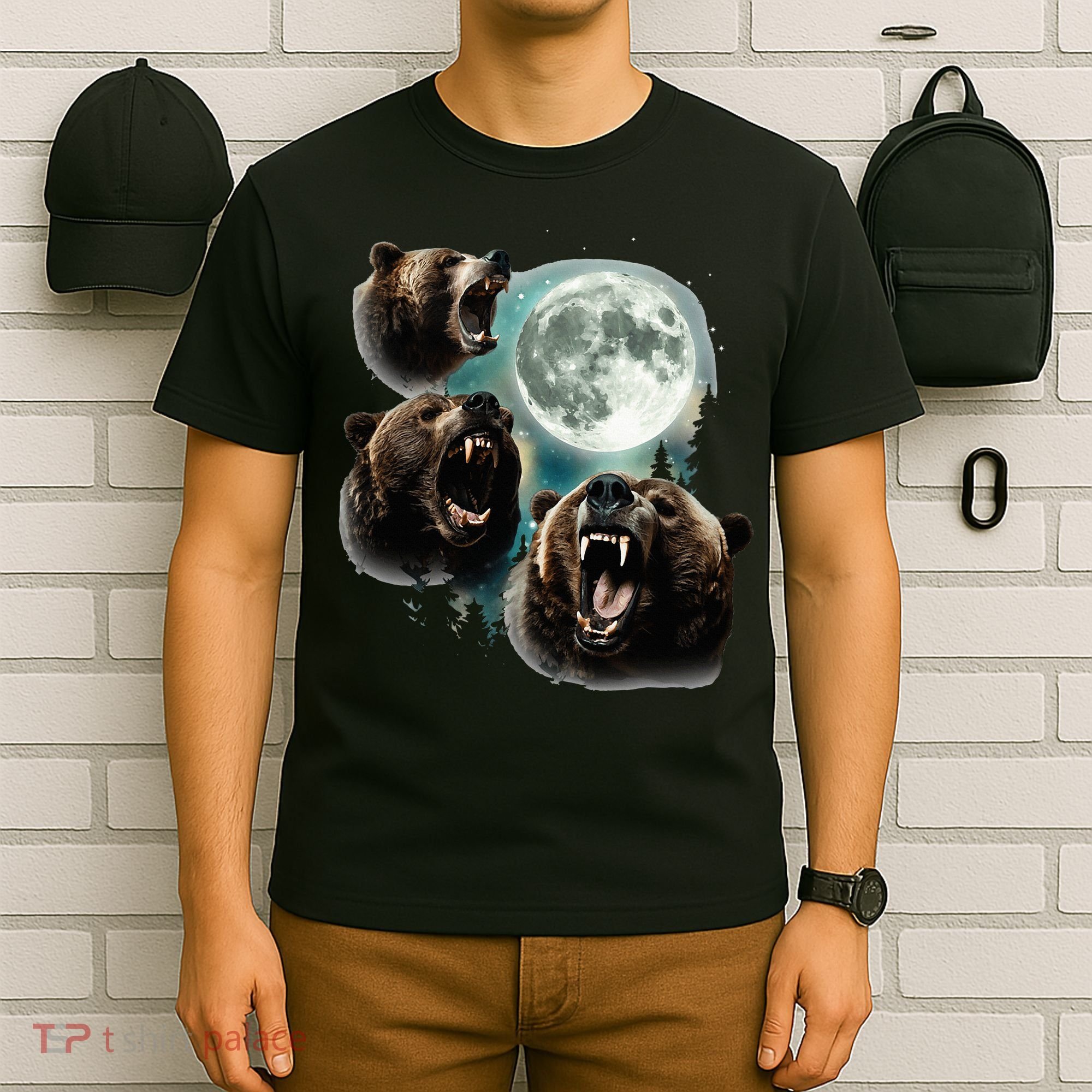 Three Grizzly Bears Howl At Moon Starry Mountain Forest Bear T-Shirt
