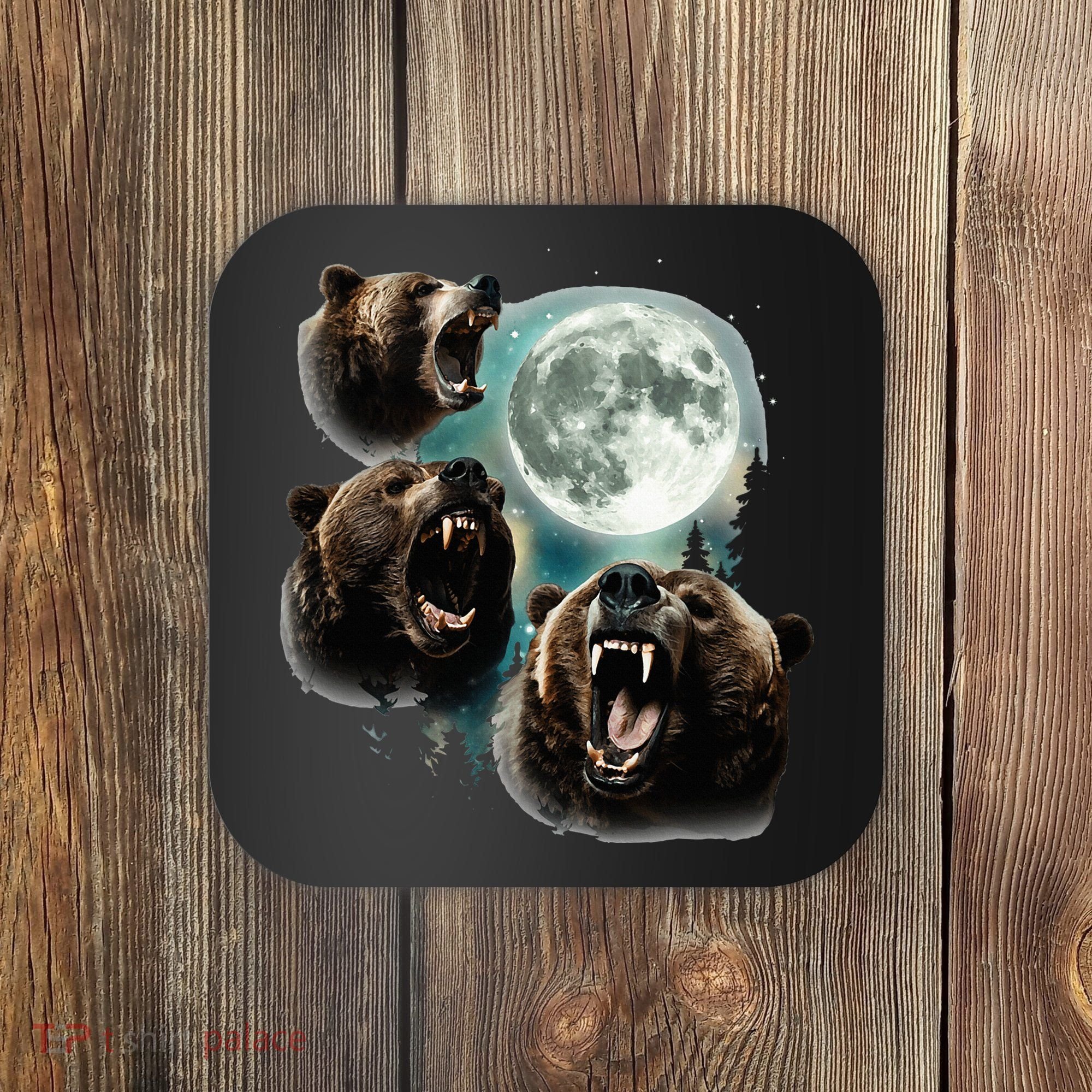 Three Grizzly Bears Howl At Moon Starry Mountain Forest Bear Coaster