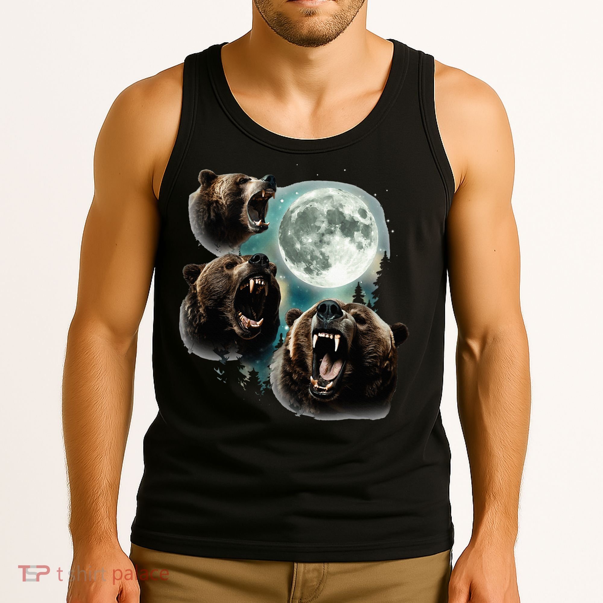 Three Grizzly Bears Howl At Moon Starry Mountain Forest Bear Tank Top