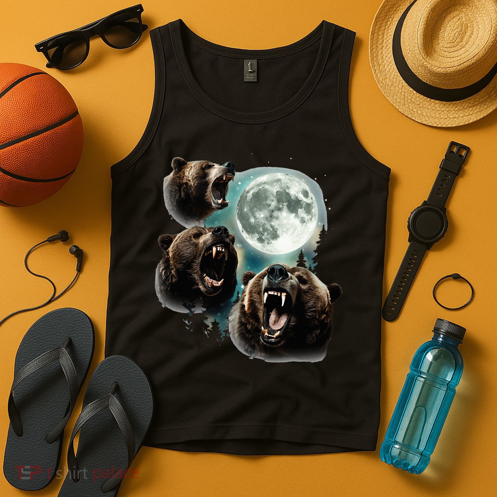 Three Grizzly Bears Howl At Moon Starry Mountain Forest Bear Tank Top