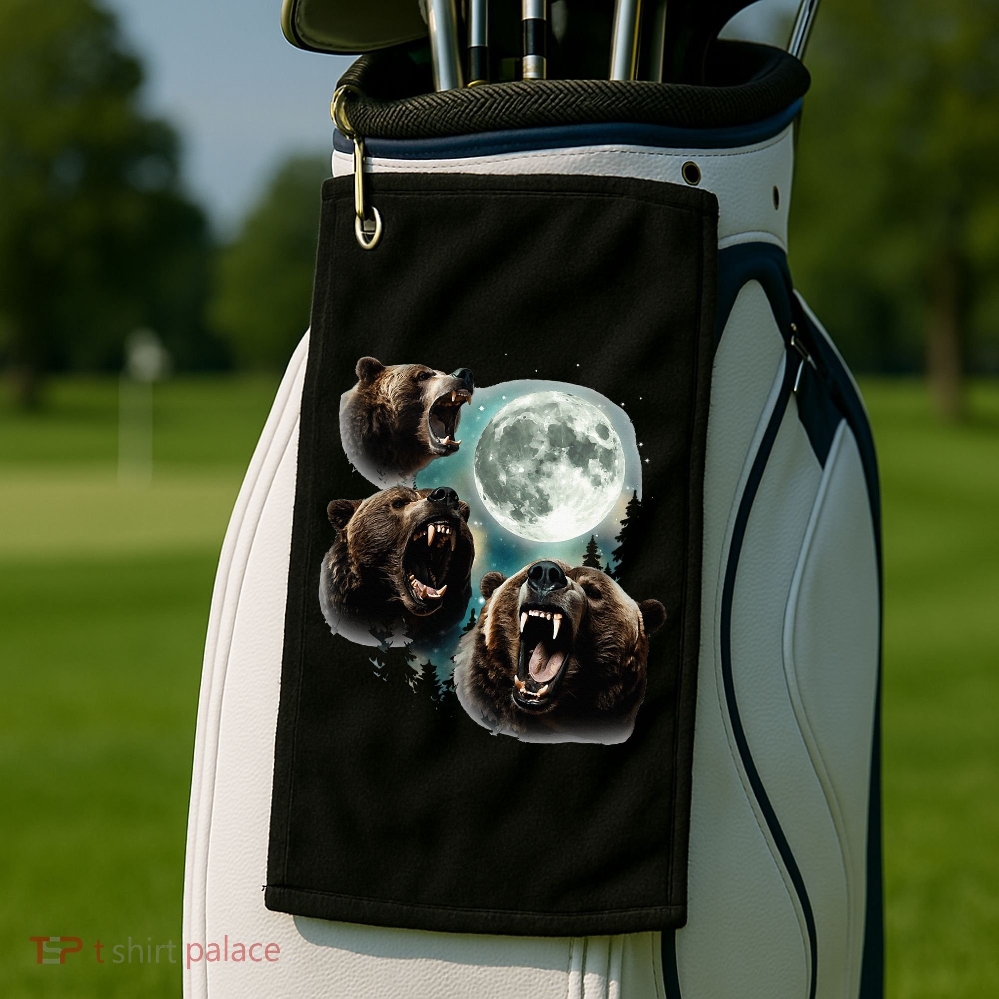 Three Grizzly Bears Howl At Moon Starry Mountain Forest Bear Golf Towel