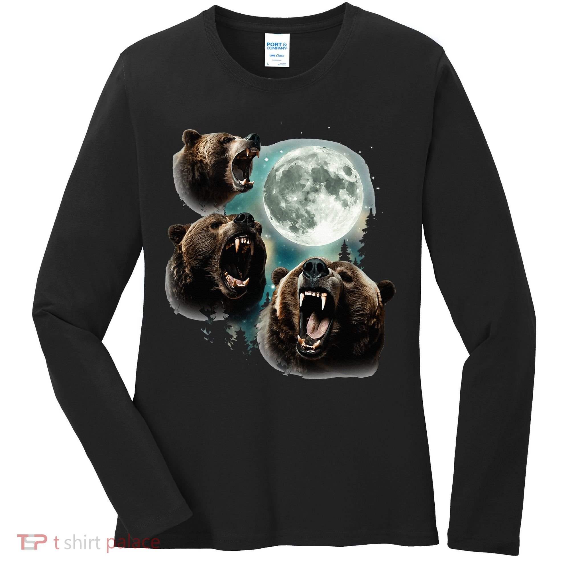 Three Grizzly Bears Howl At Moon Starry Mountain Forest Bear Women's Long Sleeve Shirt