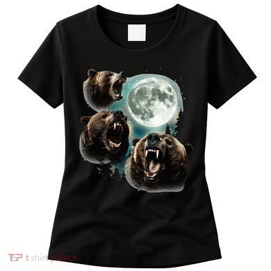 Three Grizzly Bears Howl At Moon Starry Mountain Forest Bear Women's T-Shirt