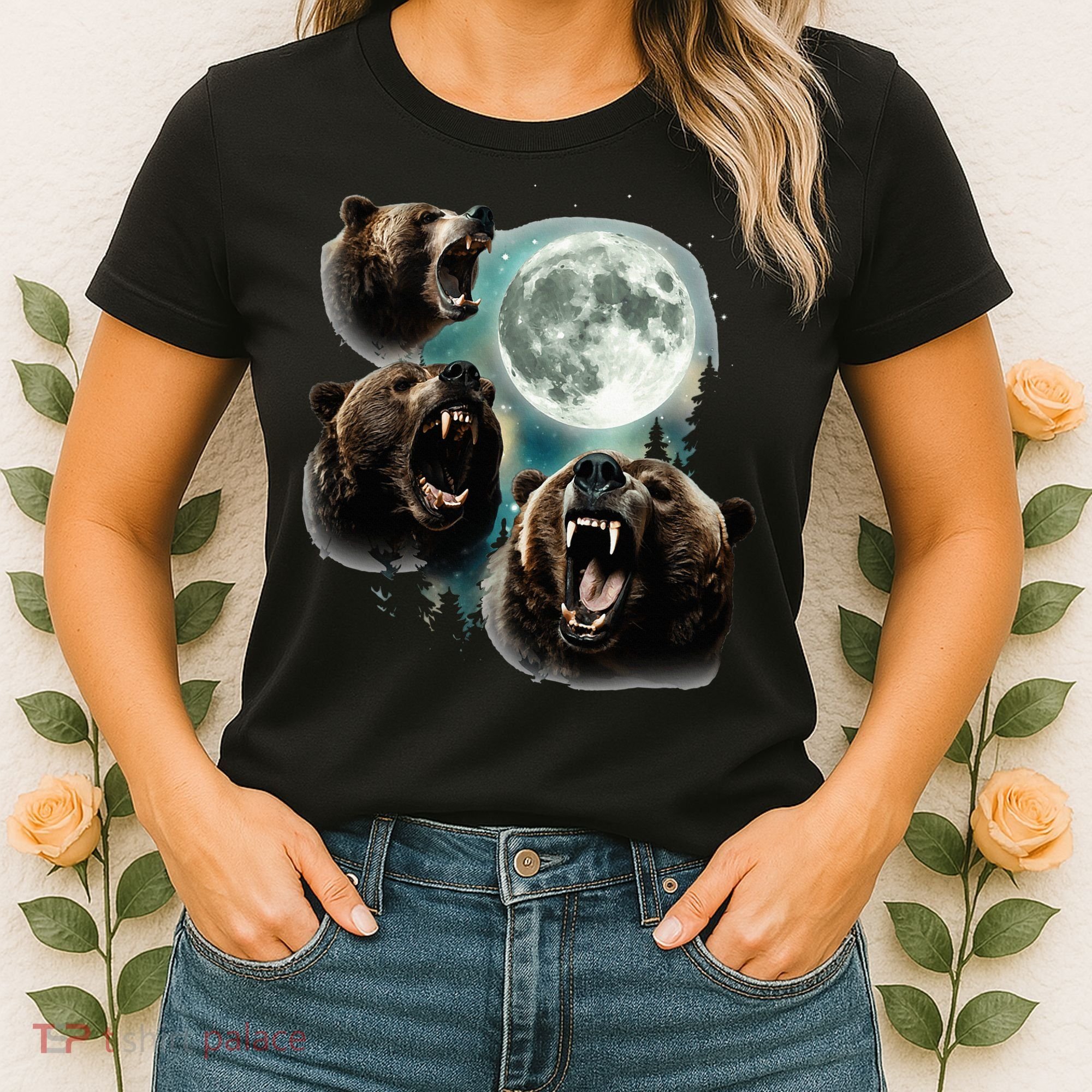 Three Grizzly Bears Howl At Moon Starry Mountain Forest Bear Women's T-Shirt