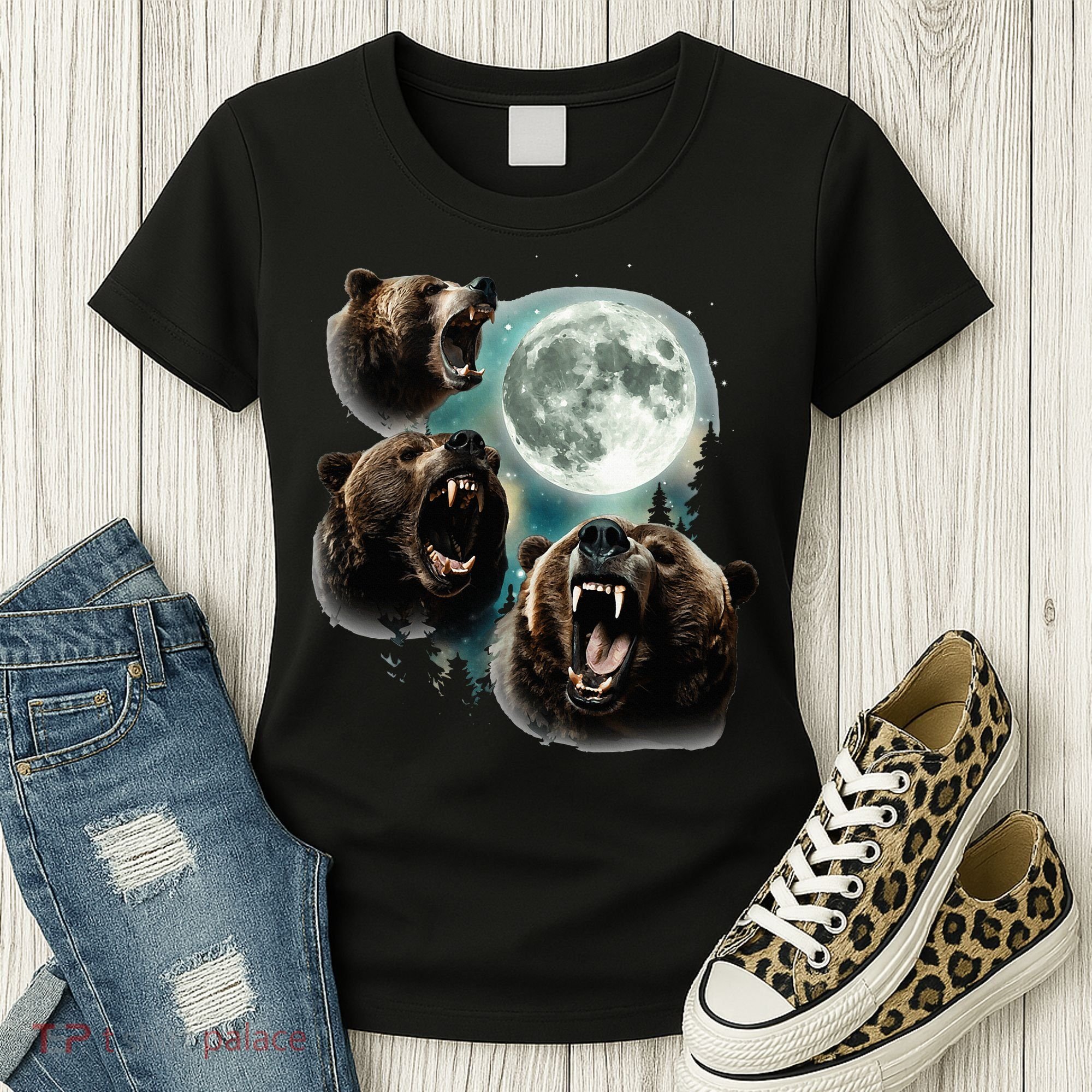 Three Grizzly Bears Howl At Moon Starry Mountain Forest Bear Women's T-Shirt