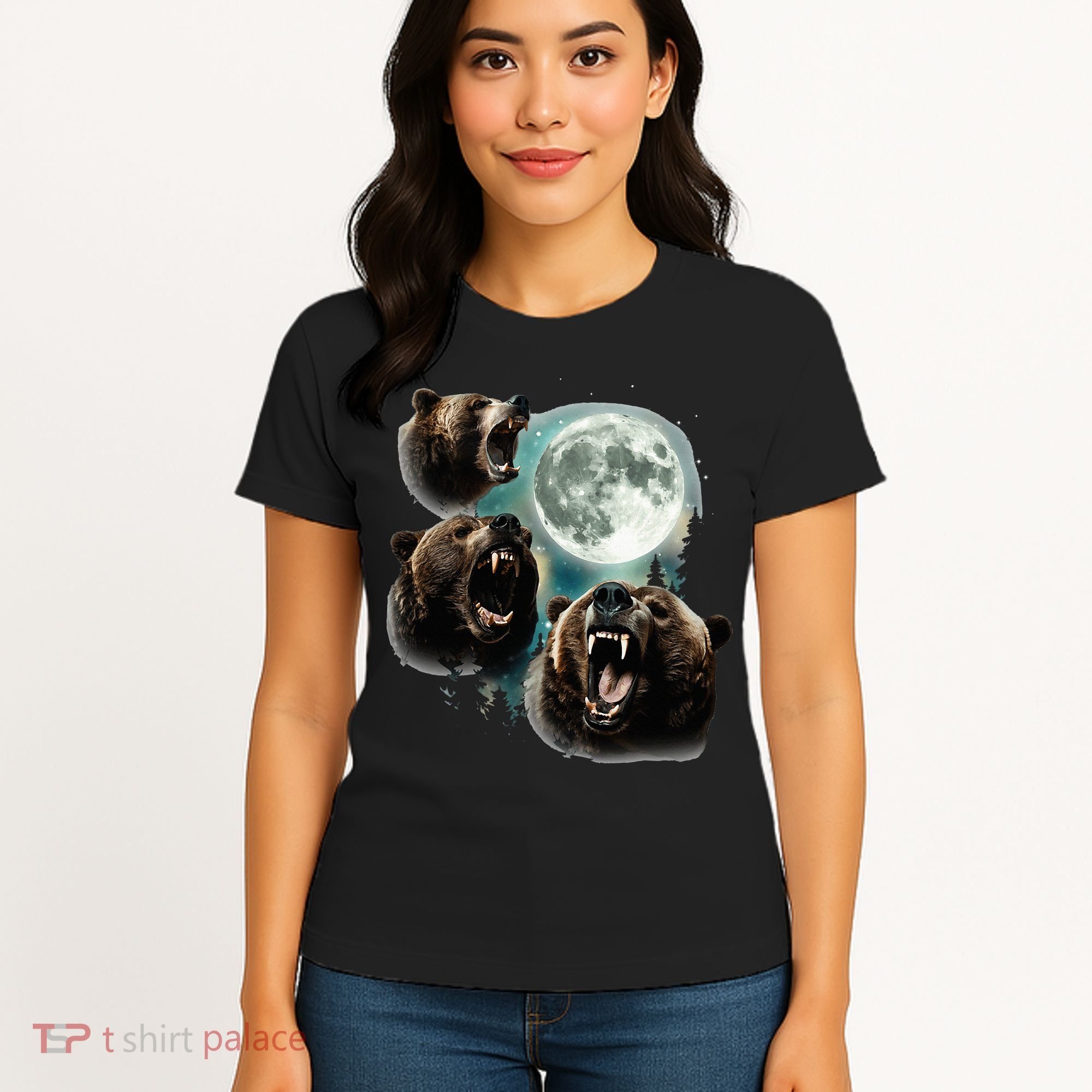 Three Grizzly Bears Howl At Moon Starry Mountain Forest Bear Women's T-Shirt