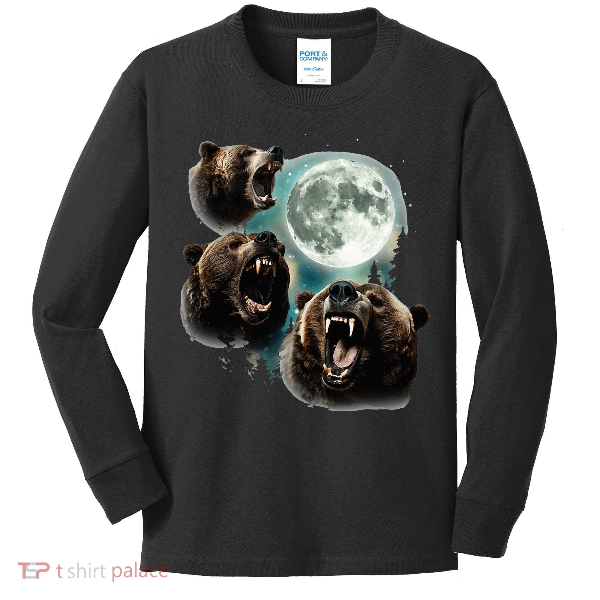 Three Grizzly Bears Howl At Moon Starry Mountain Forest Bear Kids Long Sleeve Shirt