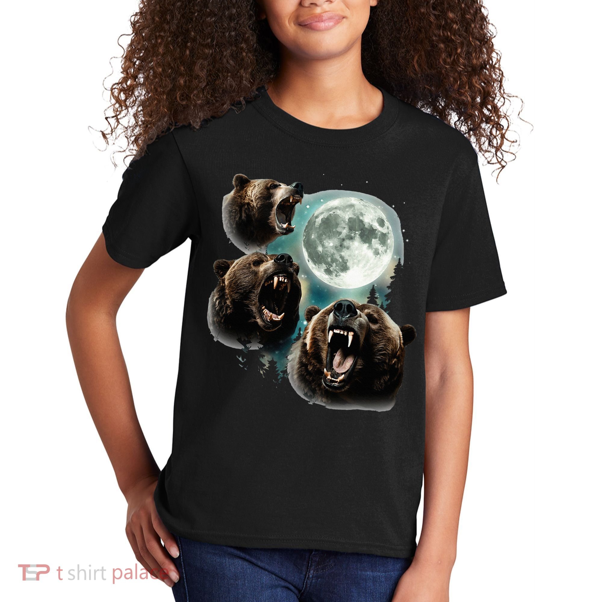Three Grizzly Bears Howl At Moon Starry Mountain Forest Bear Kids T-Shirt