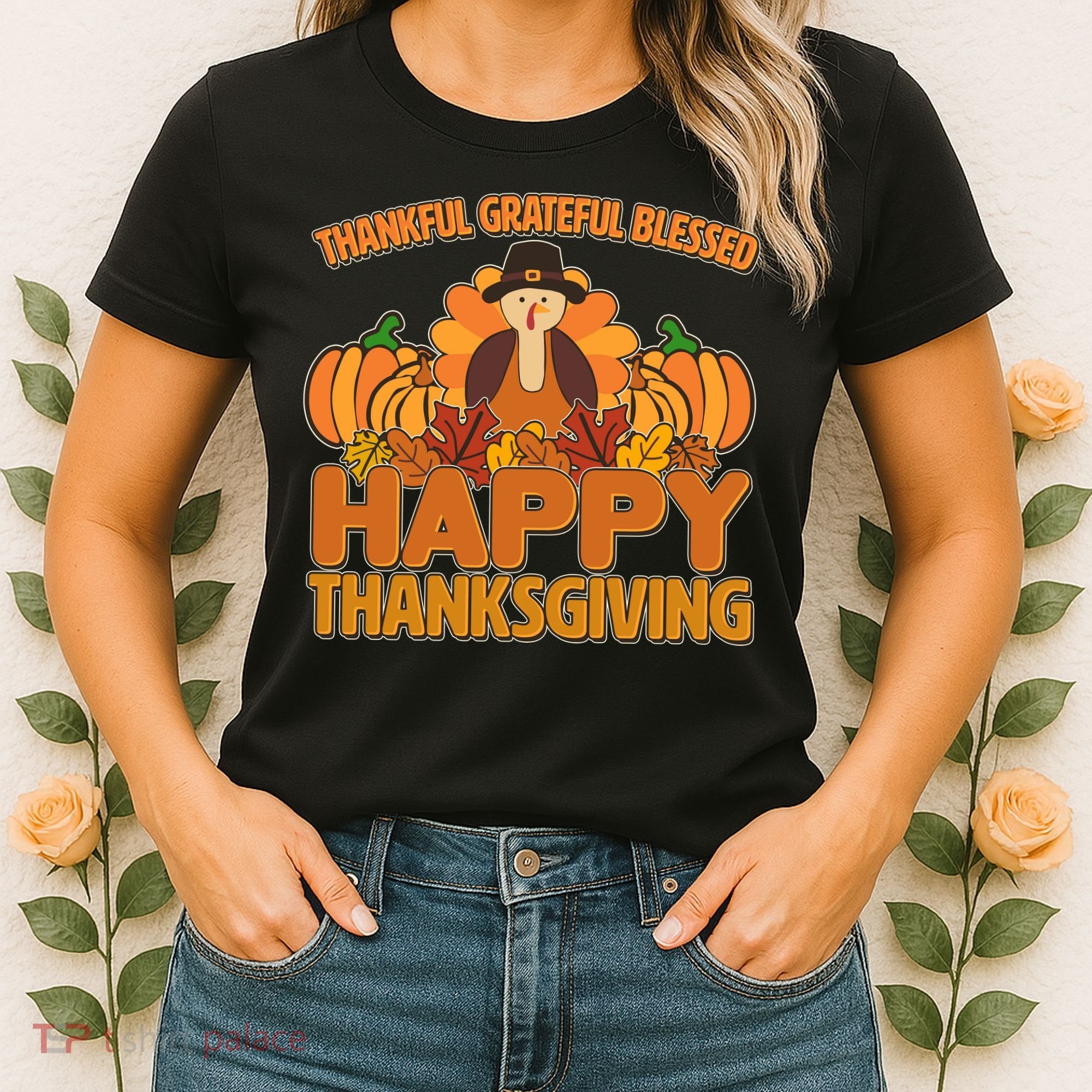 Thankful Grateful Blessed Happy Thanksgiving Turkey Women's T-Shirt