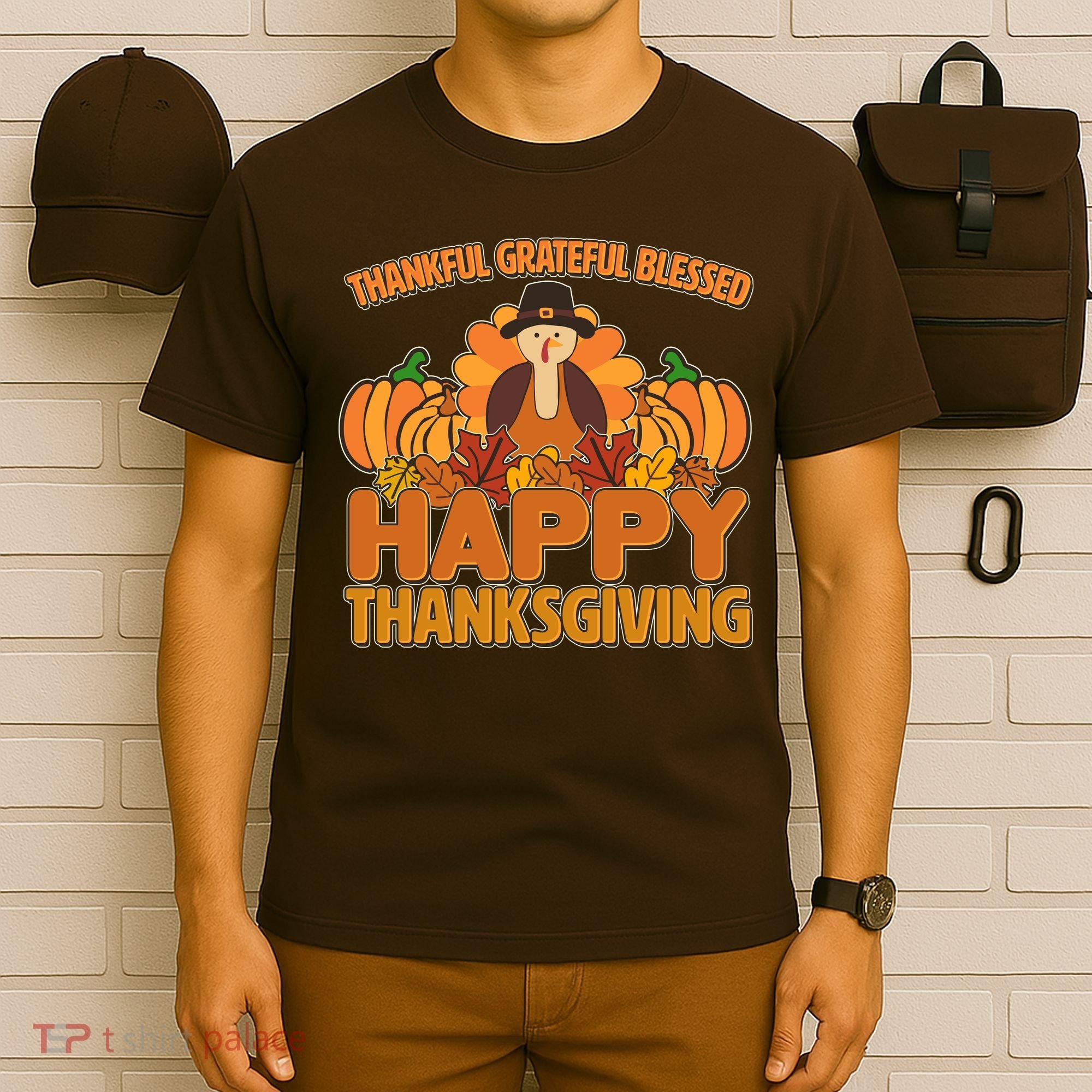 Thankful Grateful Blessed Happy Thanksgiving Turkey T-Shirt