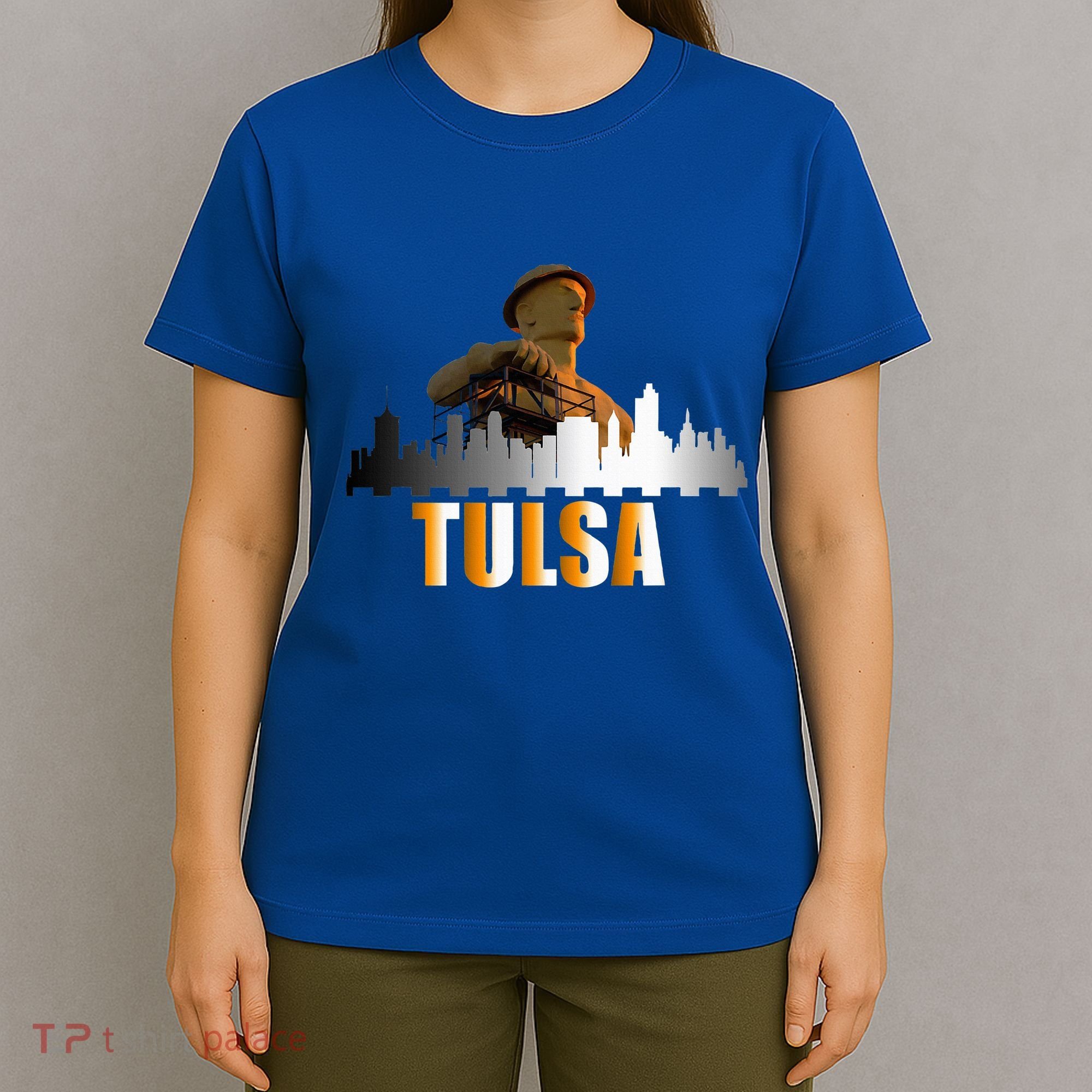 The Golden Driller Of Tulsa Oklahoma And The Tulsa Skyline T-Shirt