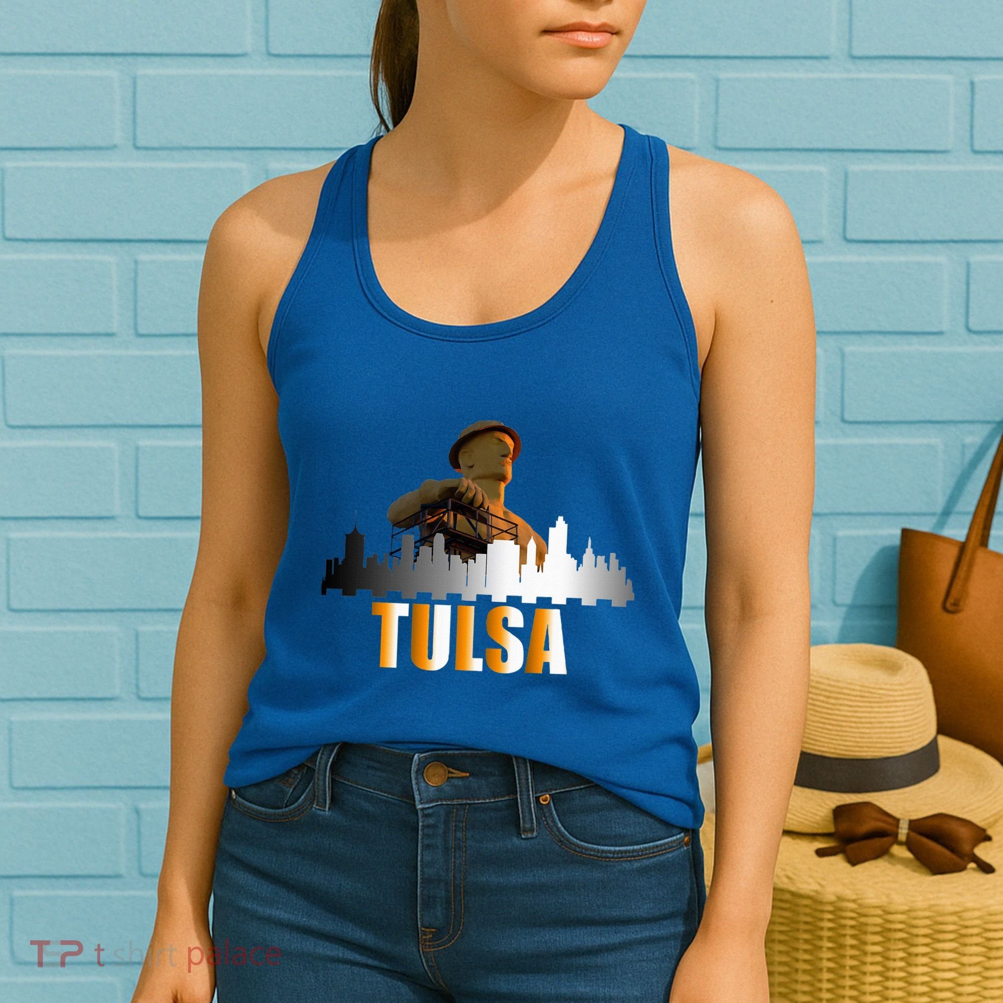 The Golden Driller Of Tulsa Oklahoma And The Tulsa Skyline Women's Tank Top
