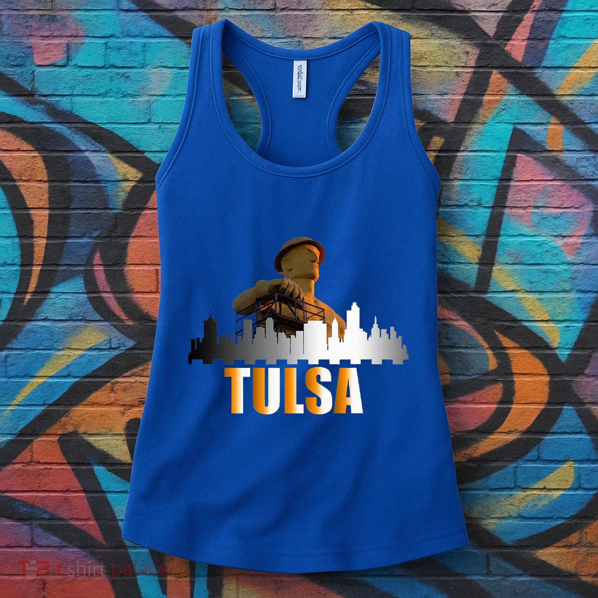The Golden Driller Of Tulsa Oklahoma And The Tulsa Skyline Women's Tank Top