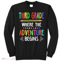 Third Grade Funny Where The Adventure Begins Teacher Sweatshirt thumb 0