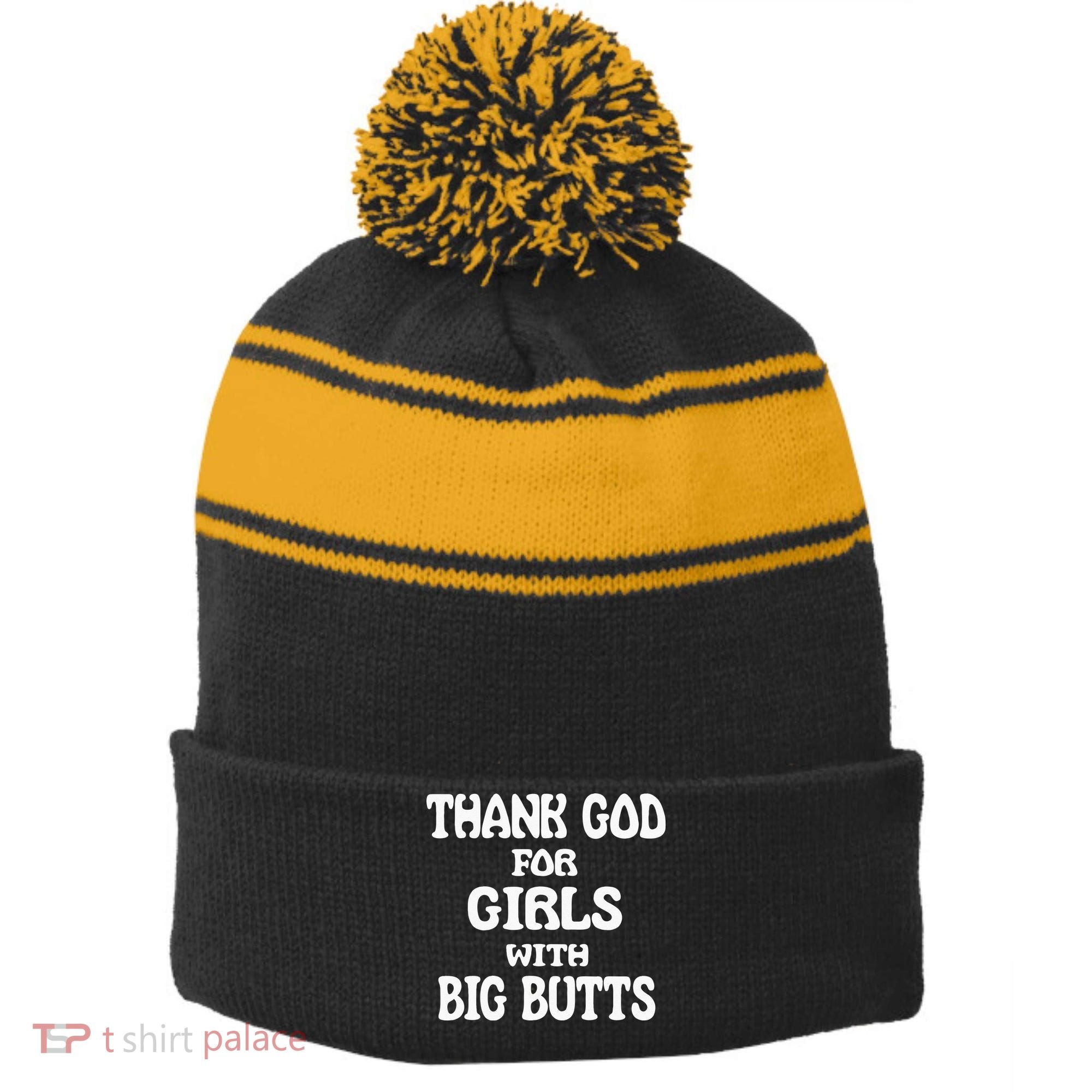 Thank God For With Big Butts Stripe Pom Pom Beanie