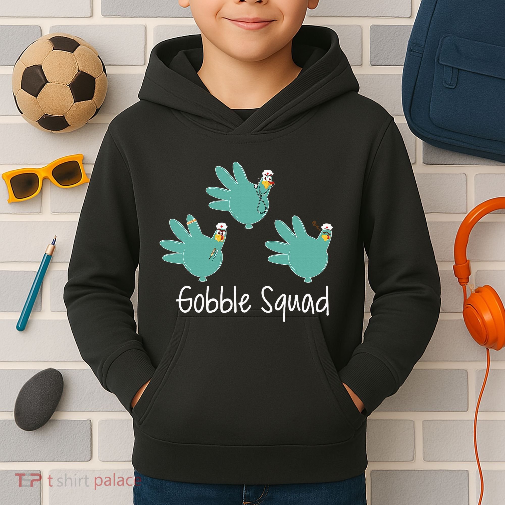 Turkey Glove Gobble Squad Nurse Happy Thanksgiving Kids Hoodie
