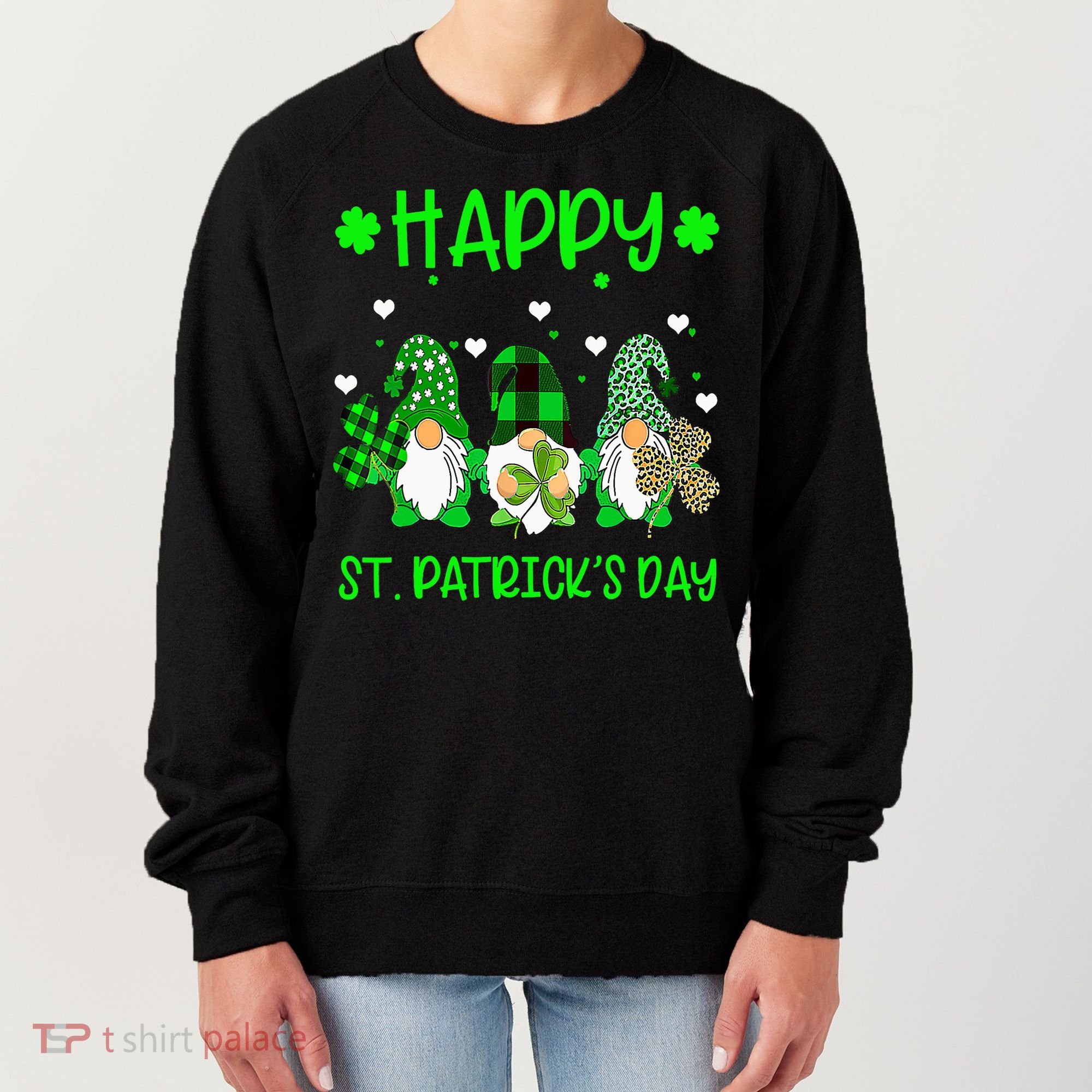 Three Gnomes Holding Shamrock Leopard Plaid St Patrick's Day Women's Sweatshirt