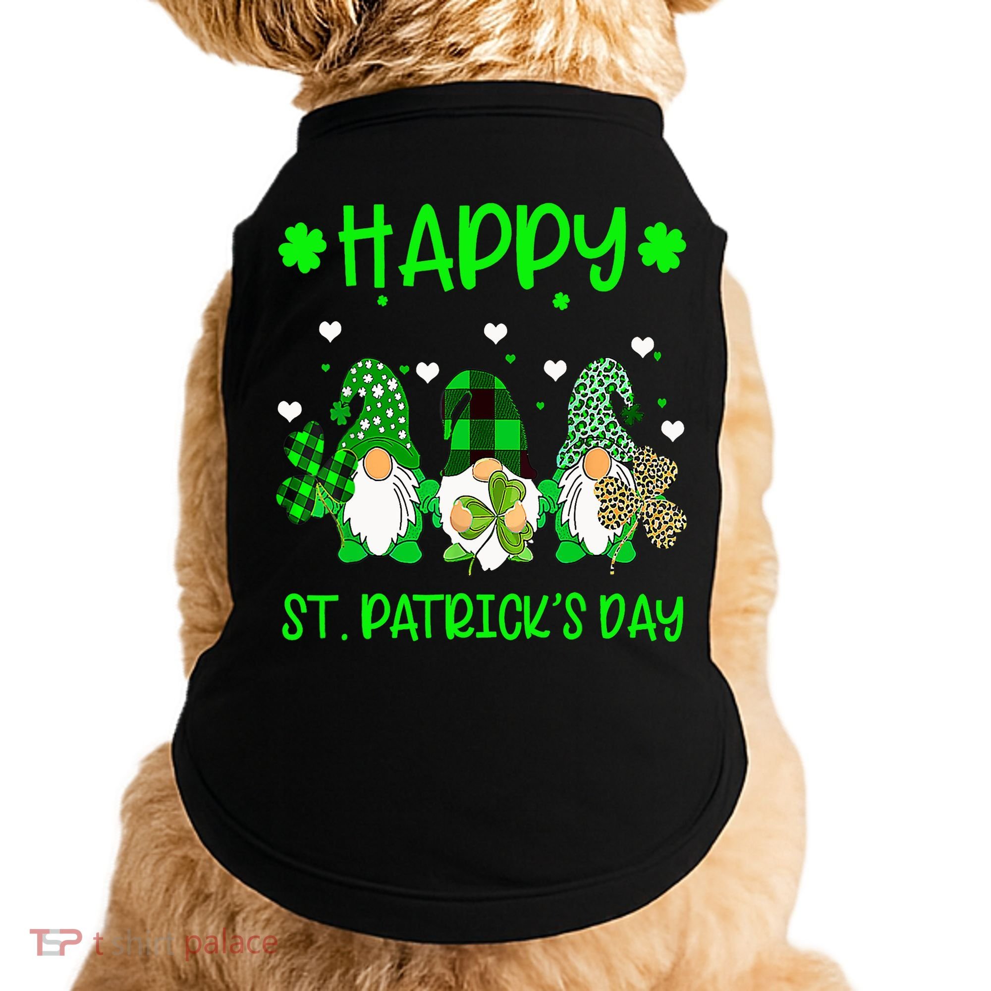 Three Gnomes Holding Shamrock Leopard Plaid St Patrick's Day Doggie Tank