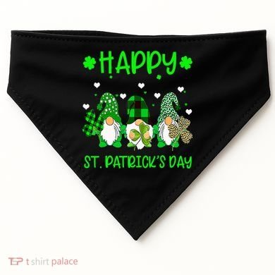 Three Gnomes Holding Shamrock Leopard Plaid St Patrick's Day USA-Made Doggie Bandana