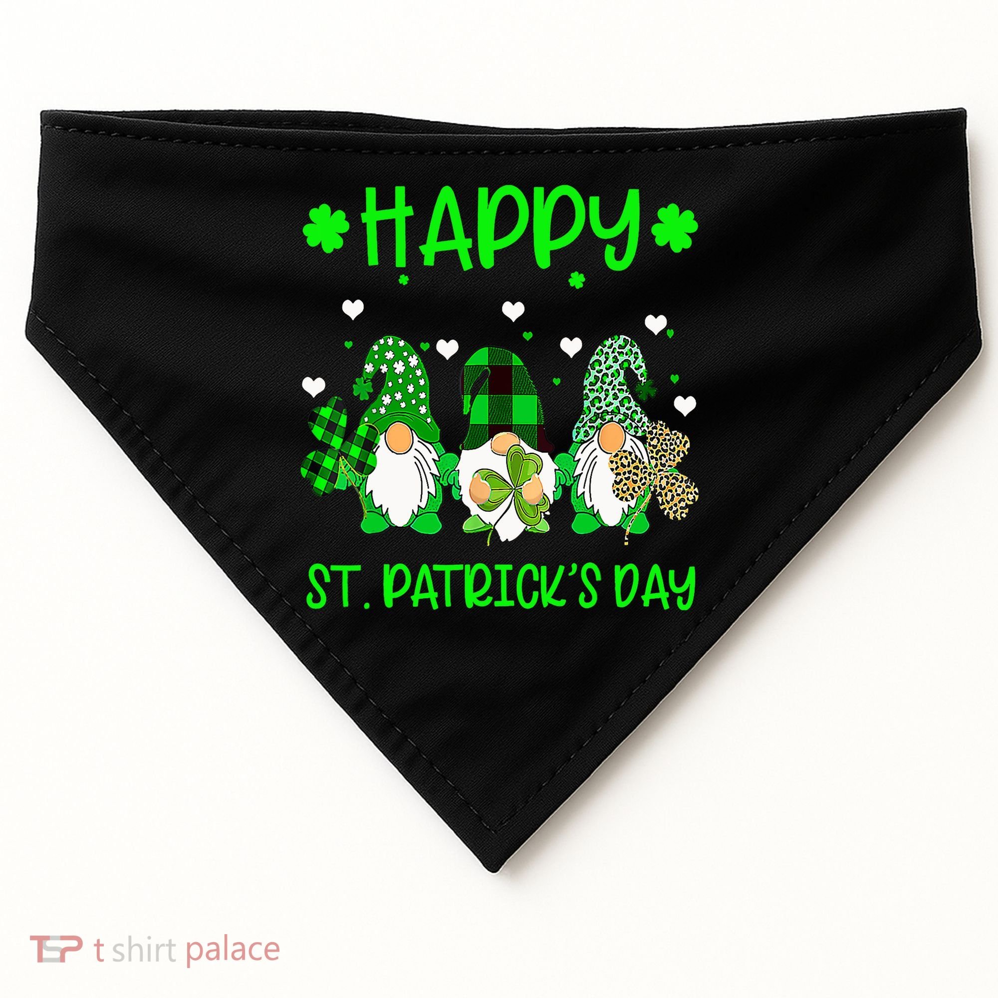 Three Gnomes Holding Shamrock Leopard Plaid St Patrick's Day USA-Made Doggie Bandana