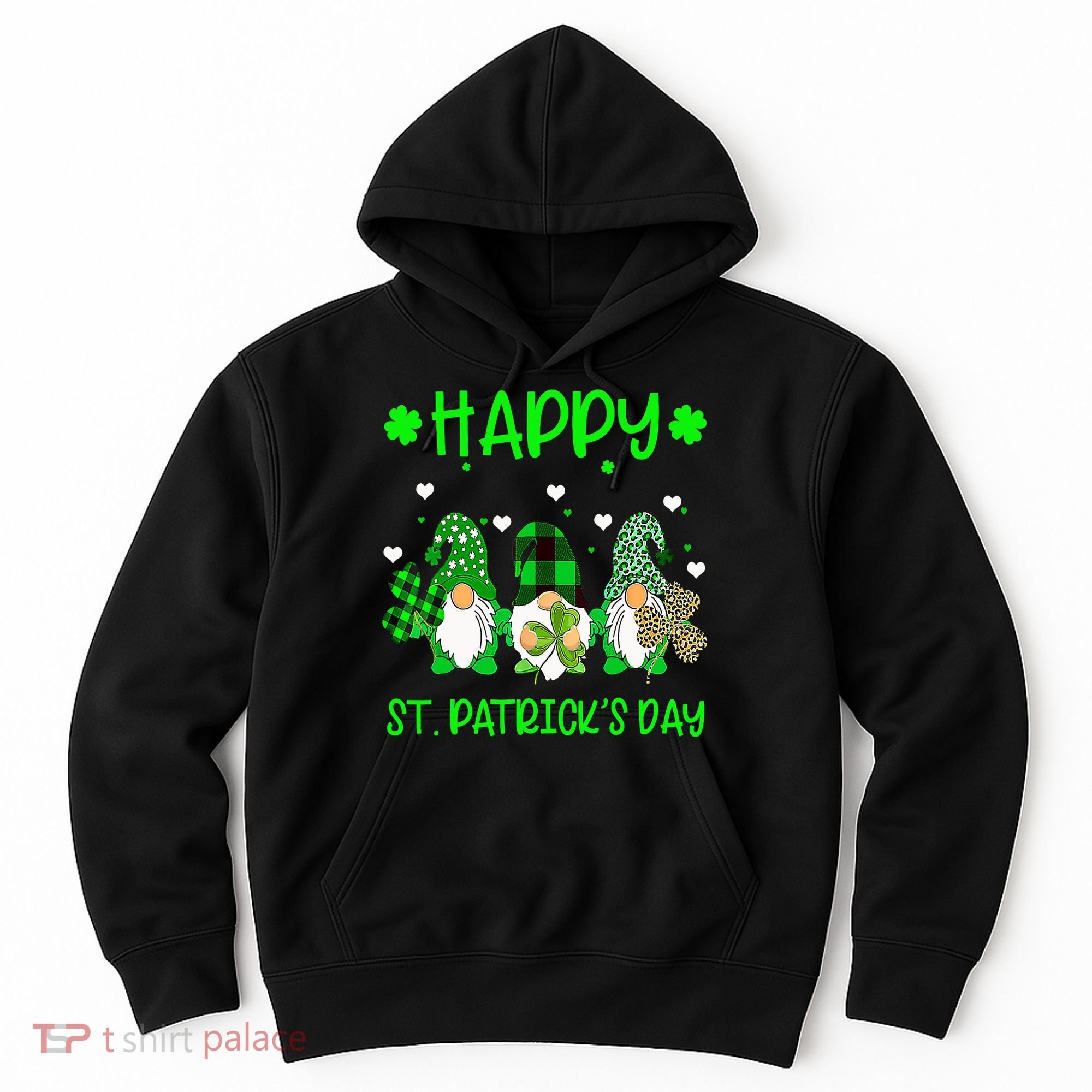 Three Gnomes Holding Shamrock Leopard Plaid St Patrick's Day Hoodie