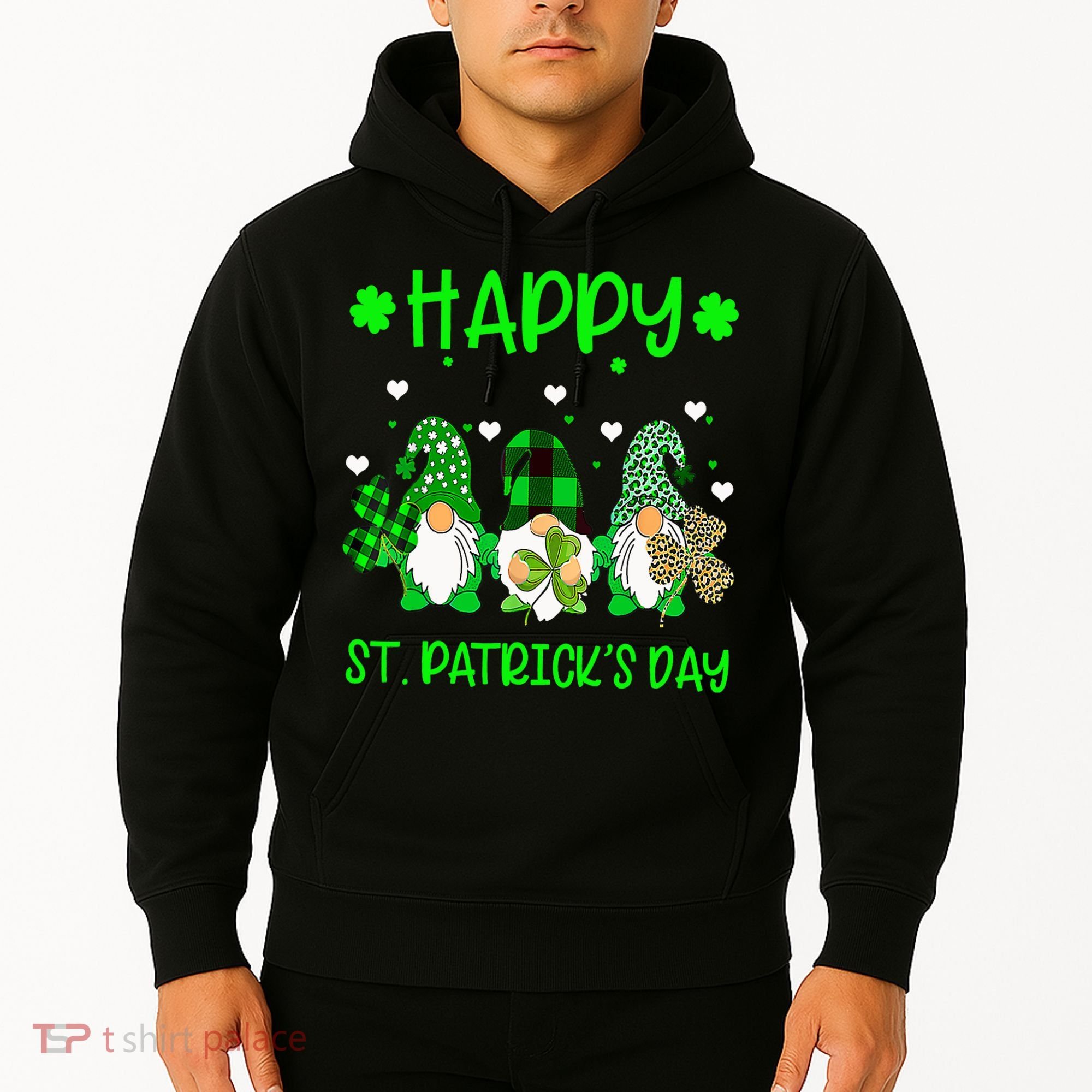 Three Gnomes Holding Shamrock Leopard Plaid St Patrick's Day Hoodie