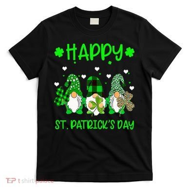 Three Gnomes Holding Shamrock Leopard Plaid St Patrick's Day T-Shirt
