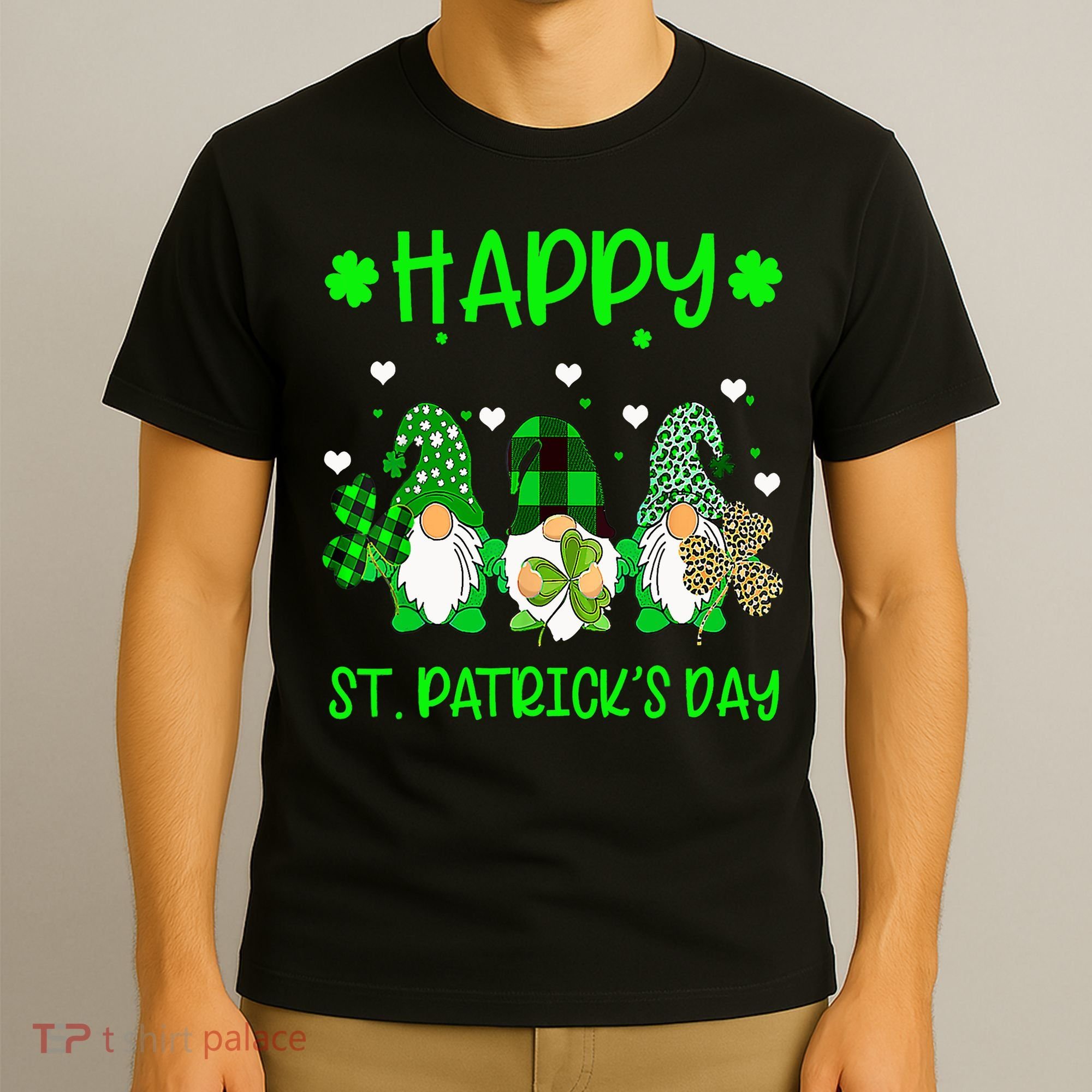 Three Gnomes Holding Shamrock Leopard Plaid St Patrick's Day T-Shirt