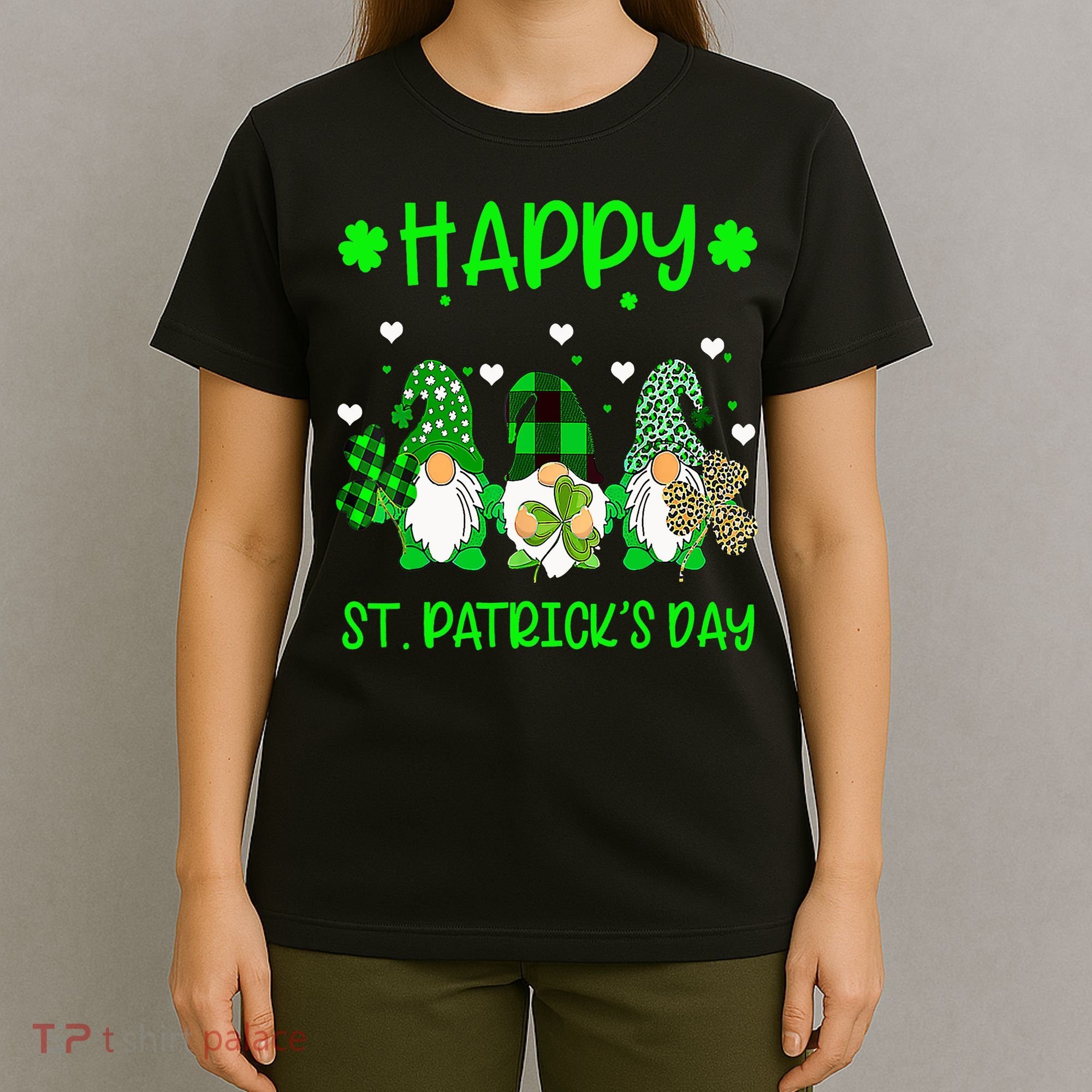 Three Gnomes Holding Shamrock Leopard Plaid St Patrick's Day T-Shirt