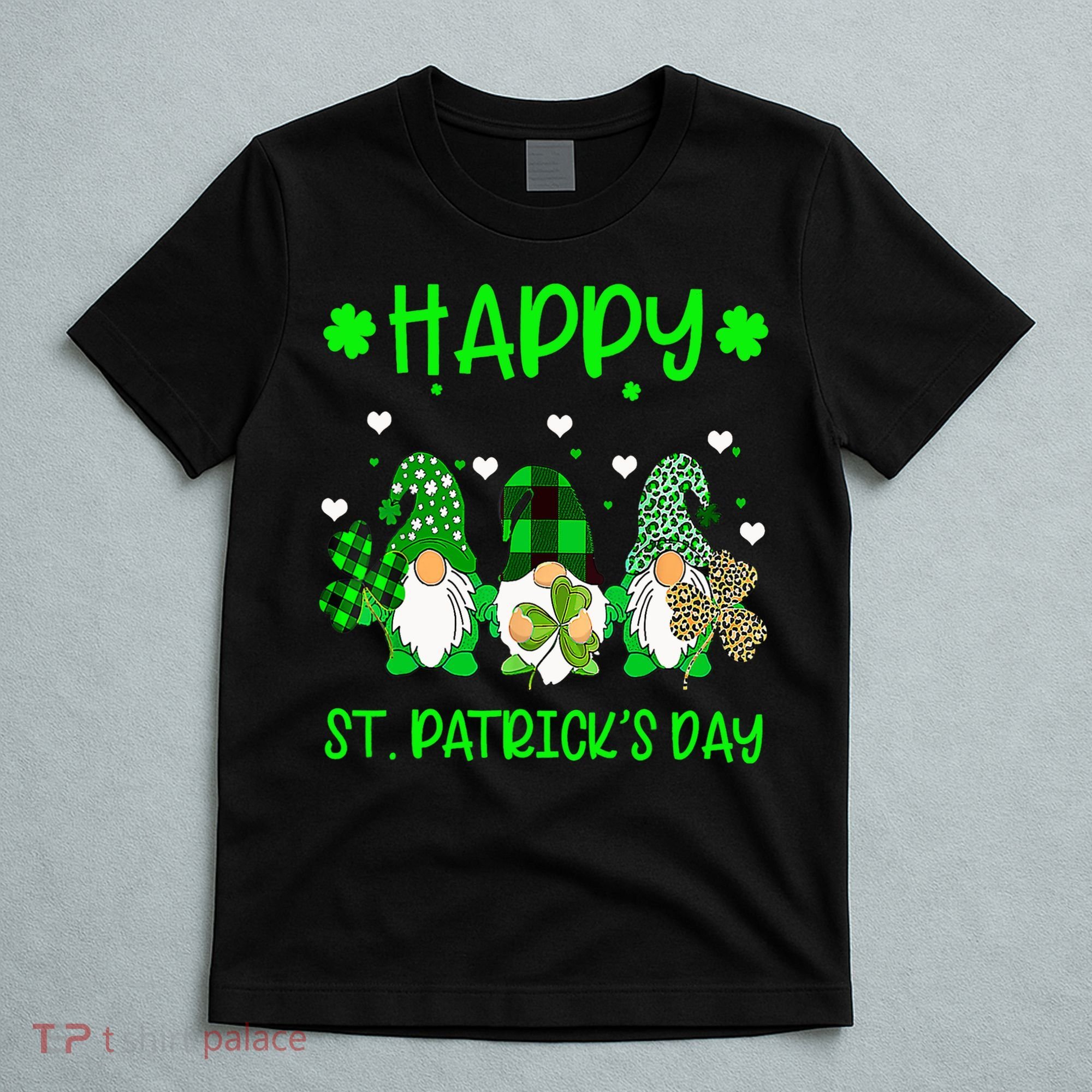 Three Gnomes Holding Shamrock Leopard Plaid St Patrick's Day T-Shirt