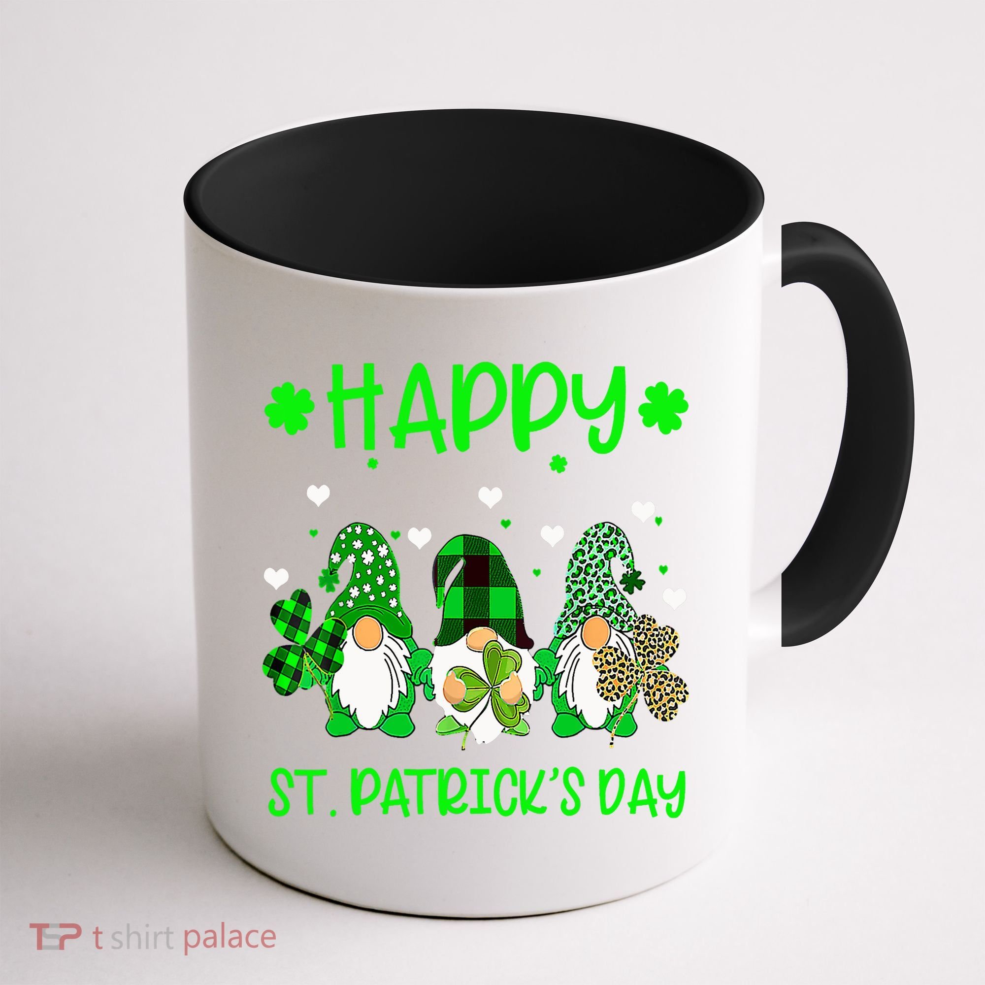 Three Gnomes Holding Shamrock Leopard Plaid St Patrick's Day Coffee Mug