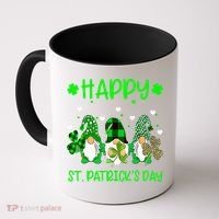Three Gnomes Holding Shamrock Leopard Plaid St Patrick's Day Coffee Mug thumb 0