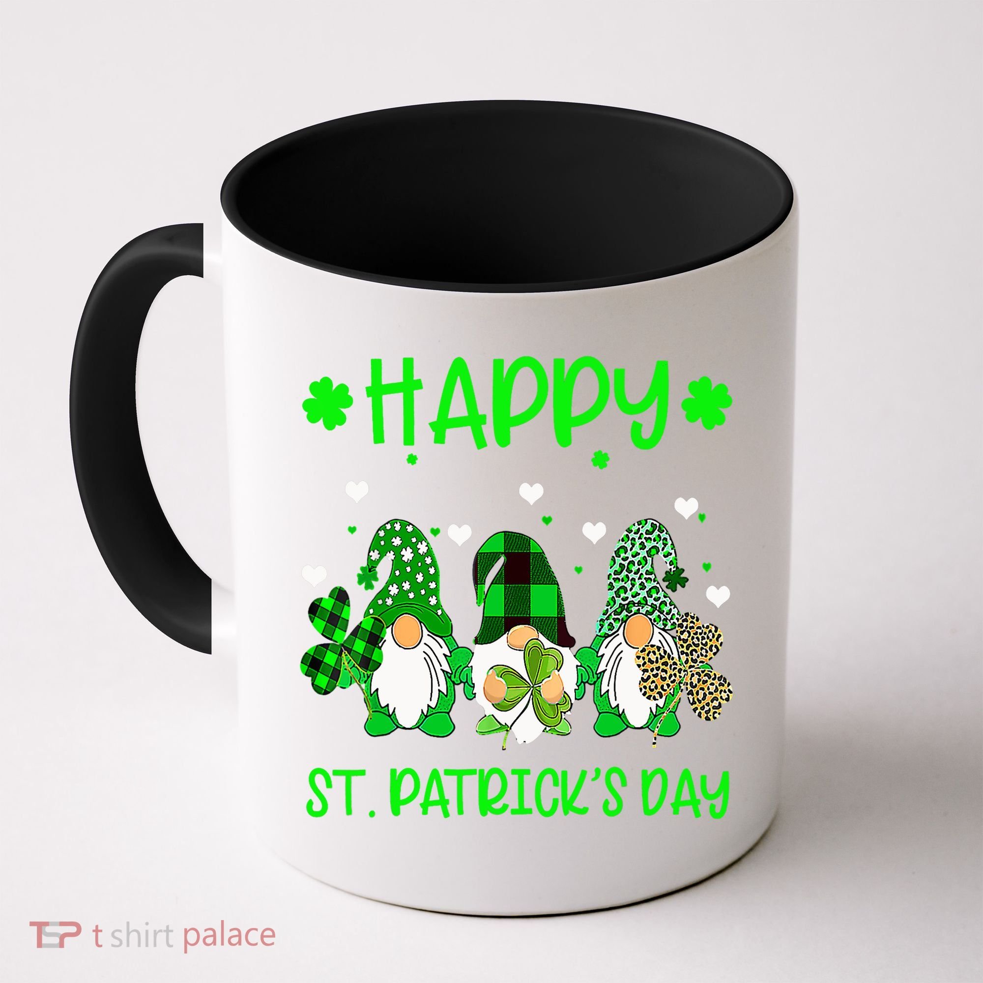 Three Gnomes Holding Shamrock Leopard Plaid St Patrick's Day Coffee Mug