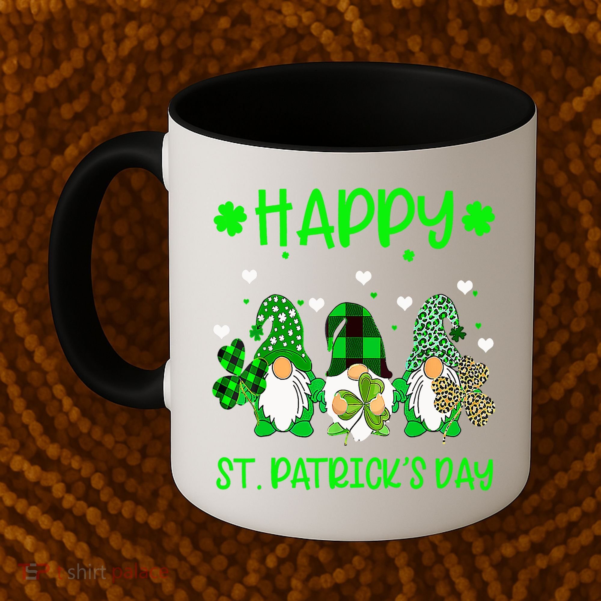 Three Gnomes Holding Shamrock Leopard Plaid St Patrick's Day Coffee Mug