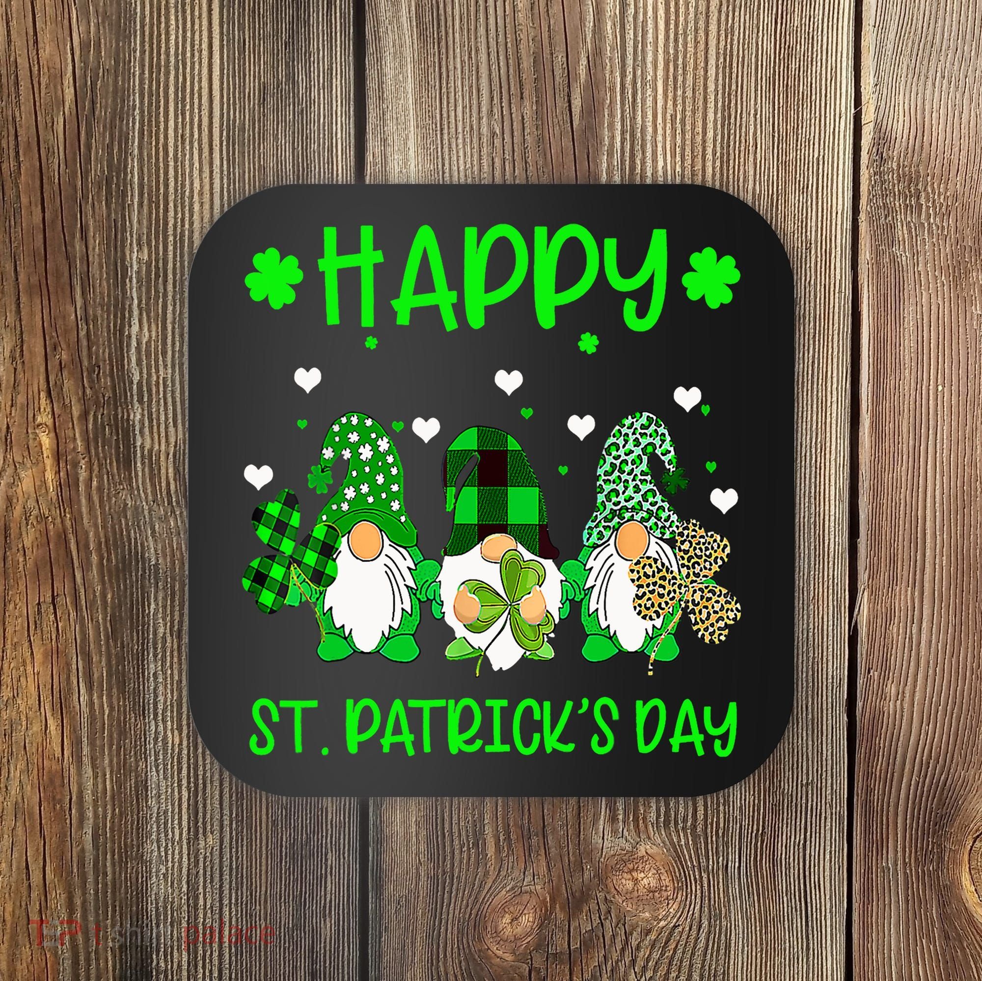 Three Gnomes Holding Shamrock Leopard Plaid St Patrick's Day Coaster