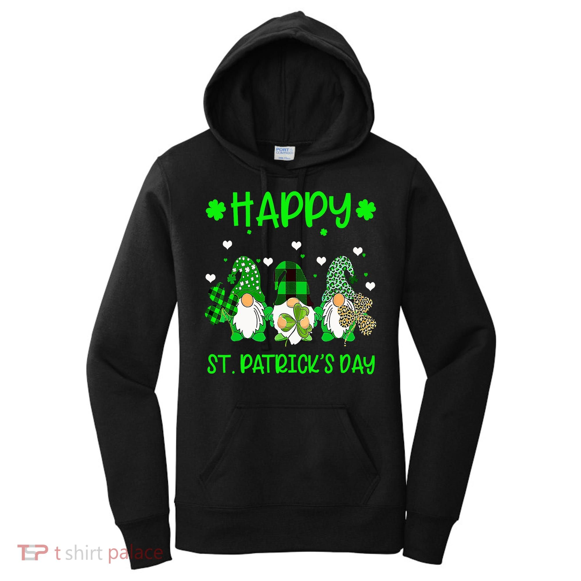 Three Gnomes Holding Shamrock Leopard Plaid St Patrick's Day Women's Hoodie