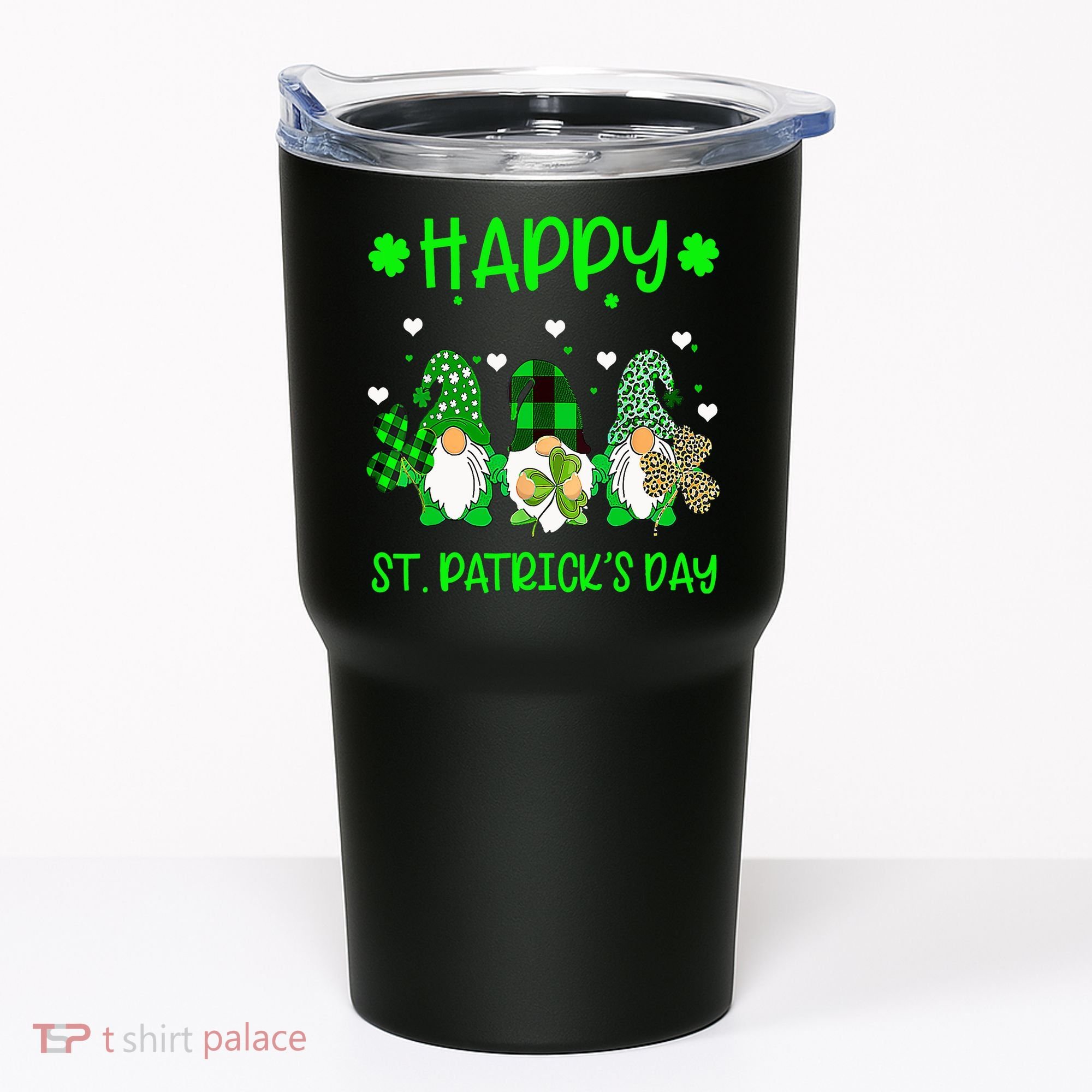 Three Gnomes Holding Shamrock Leopard Plaid St Patrick's Day Tumbler