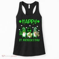 Three Gnomes Holding Shamrock Leopard Plaid St Patrick's Day Women's Tank Top thumb 0