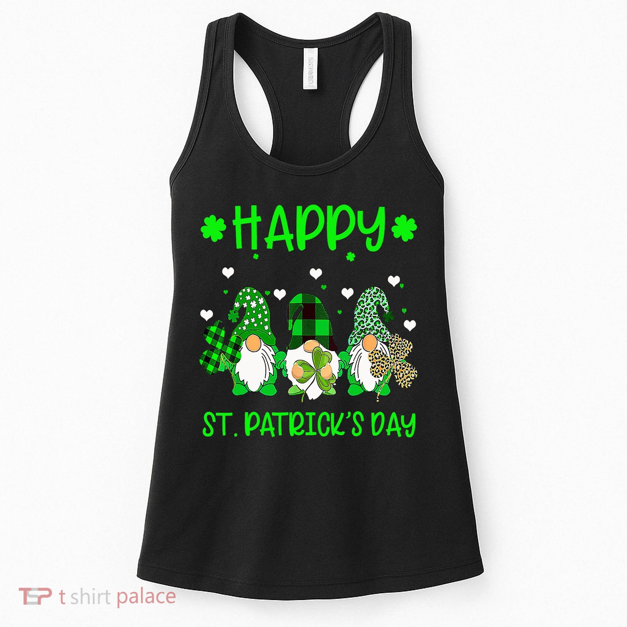 Three Gnomes Holding Shamrock Leopard Plaid St Patrick's Day Women's Tank Top